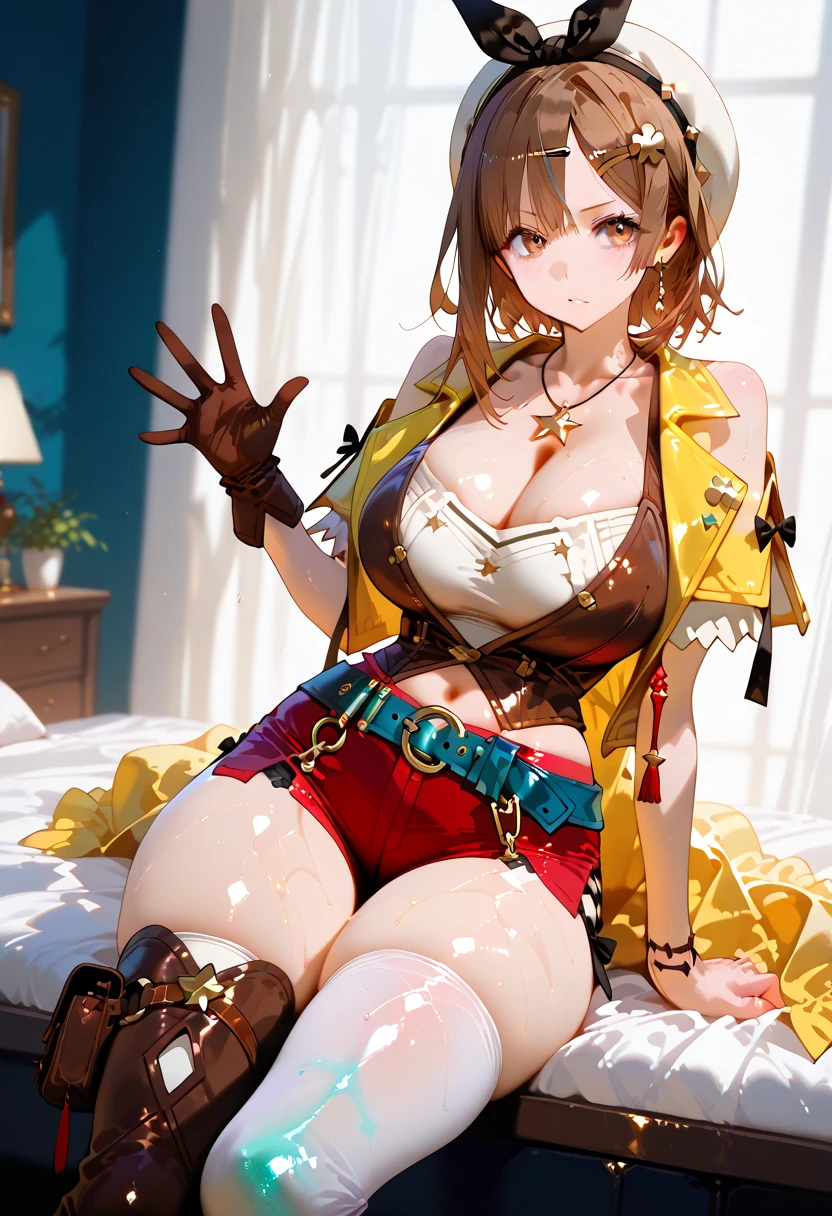 Marie Rose(((1girl))), (blonde hair), Breasts(((very small))), body((child)), hair((Wavy, Black)), Eyes((Smart Eyes, Black)), Clothes(((very pale black lace micro bikini))), Accessories((hair clips)), Twin ponytail, Depiction range((from the top of the head to the crotch)), (Emphasis on the crotch), Posing(Smile expression), (sleep on bed), (((M-shaped wide open legs))), (((Hide your hands completely behind your head))), Colossal, ((super flat breasted)), Korean Makeup Look, Happy, Dark room((Candle light))