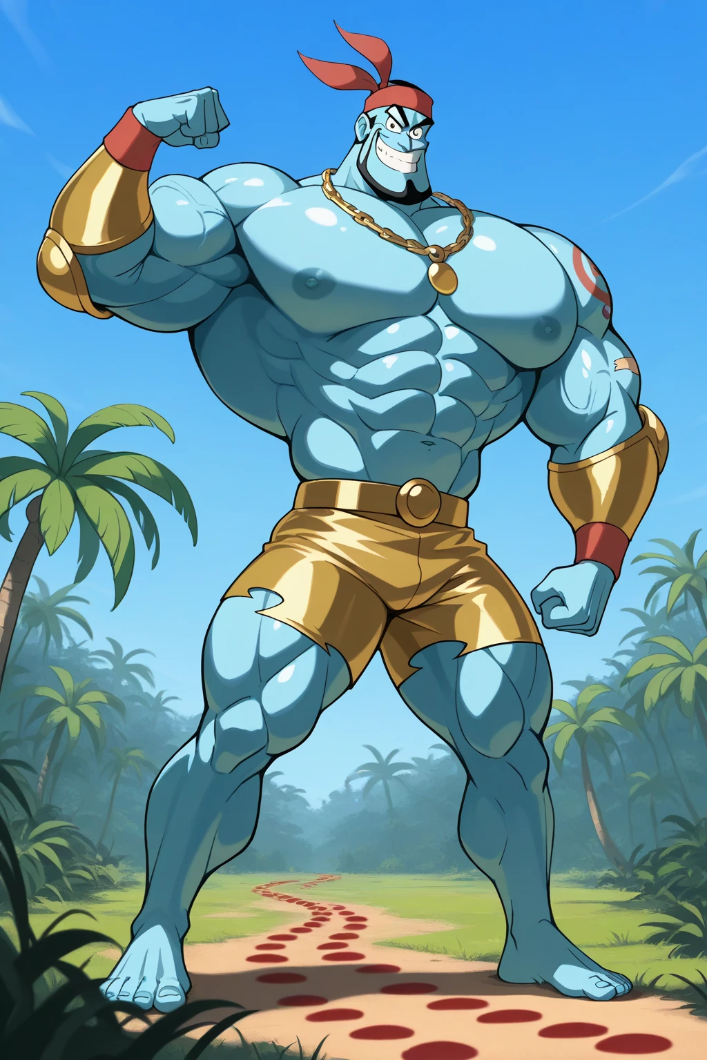 There is only one handsome Chinese man in the photo,35 years old,tall, Fitness,Smooth body,Smooth skin,No chest hair,short hair, O-Shaped Beard,Perfect body, Dark skin color,Radiant Skin,Smooth skin,Shiny, shiny skin,Smooth pectoral muscles,Muscle bulge, muscular, Very large pectoral muscles,Very sexy abdominal muscles,Very well-developed leg muscles,Huge concave and convex area,Brightens oily skin,Wearing a shiny gold leather thong,Handsome face,Normal human toes,Correct and accurate male body proportions,Gold necklace,Gold bracelet,Gold anklets,Standing in front of Monstera leaves。