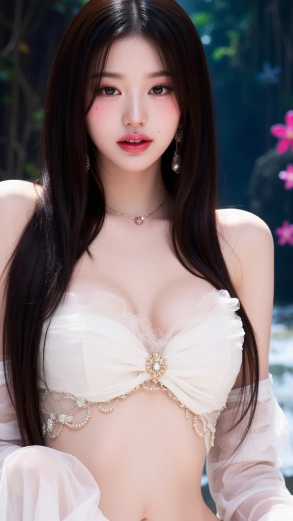stunning beauty, Aesthetic, Oil painting style, thick coating, Women with incomparable style, Exquisite facial makeup, Black hair, long hair and waist, long eyelashes, Dark brown pupil eyes, exquisite nose, Lip balm, Inseparable strands, Beautiful posture, Graceful curves, Plump ideal type, Super special exaggerated huge breast weight, Bold, Elegant, Extravagant artistic acts, romanticism, (Fractal Art), Vibrant colors, Sunny glare smooth skin, Professional photo close-ups, Brutalist design, Explore Victoria's Secret, blush, flower petals, Vivid colors, The most beautiful chaotic shapes, Colorful, Colorful and magnificent, From  above, from the front side
