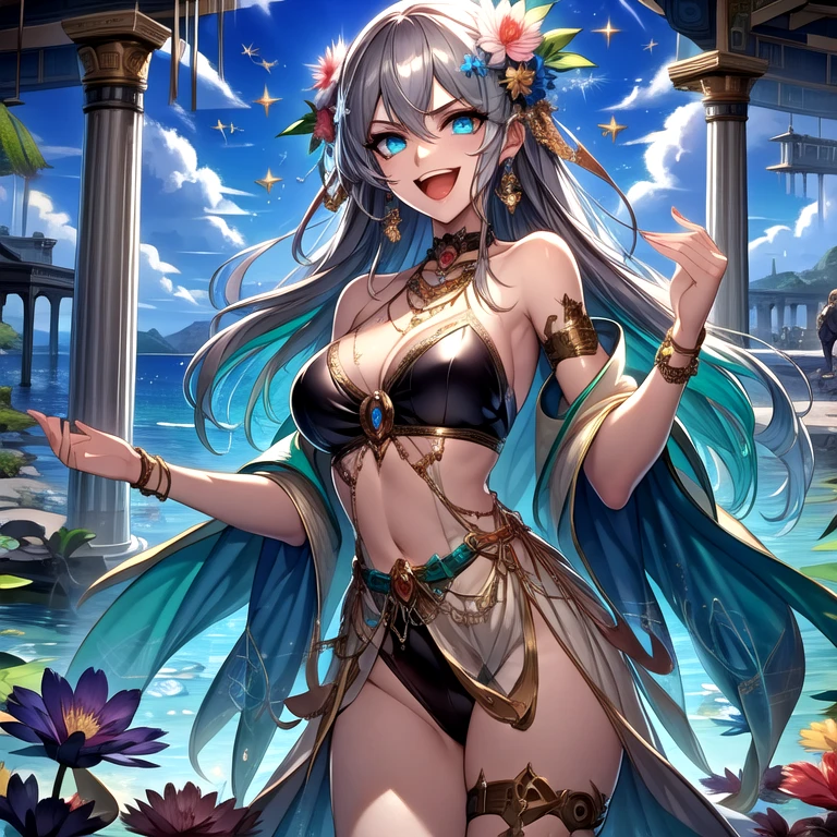(Highest quality)),(Ultra-high resolution),(Super detailed),(Detailed Description),((The best CG)),(masterpiece),Highly detailed art,(Art with precise details:1.5), (goddess:1.4),(Very thin cloth clothing:1.6),(Gentle smile:1.3),(Flower crown:1.3),Beautiful feet:1.3, fruit:1.3,Bright flowers々:1.3, Gorgeous:1.3, Fresh breeze:1.2, Soft sunlight:1.4, Birds chirping:1.3,
