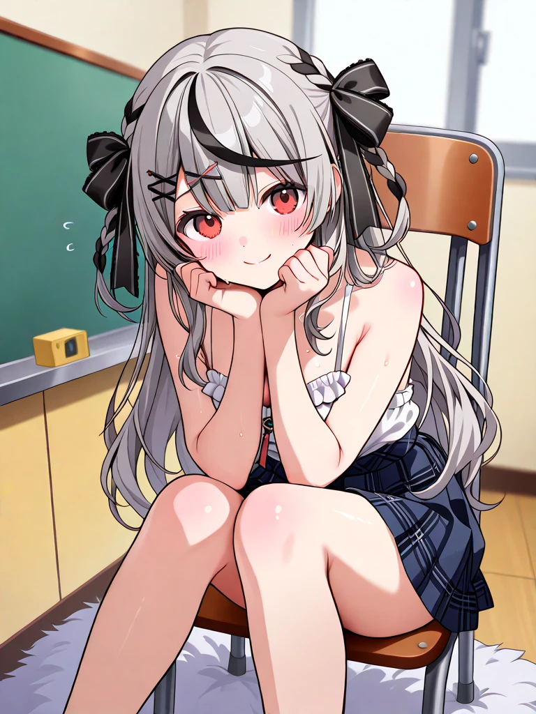 Gold Ship - Umamusume,Viewers beware!,1 Girl,,,chest,尖ったchest,chestの谷間,Underbust,Side Bust Barbosa,(blush),((Embarrassing)),(masterpiece、Highest quality、Very detailed)、((One Girl))、((Open your mouth))、((Wide Open your mouth、tongue、long tongue、sticking out the tongue、I can see inside your mouth、Open your mouth and show me your throat))、((巨大なchest))、(White see-through shirt)、chestの谷間、Long sleeve、((Black pleated skirt))、((White baggy socks:1.3))、loafers、Sit at a desk、Shoot from above、Classroom Background