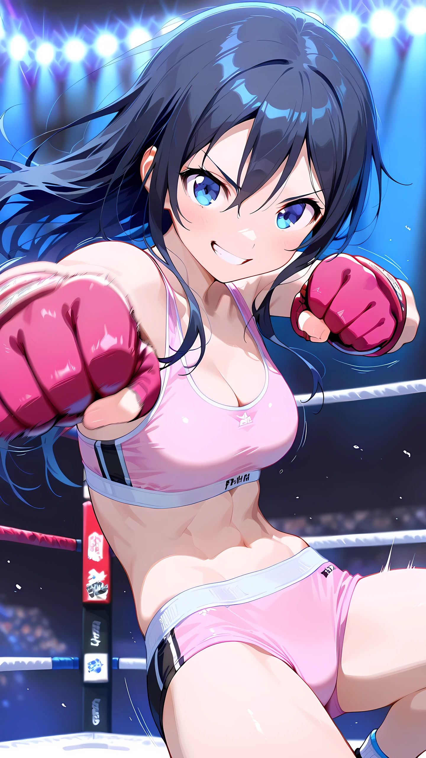 ayase aragaki, long hair, blue eyes, black hair, solo, pink and white sports bra, pink and white boy leg cut spats, pink fingerless gloves, cleavage, medium breast, (slim body:1.2), well-toned body, serious grin, looking at viewer, Detailed eyes, Detailed face, dominating viewer at boxing, from side, (close-up face:1.2).
looking at viewer, punching, clenched hand, motion lines, motion blur,p4nch.
indoor boxing ring, spot lights, spectator seats, (depth of field), best quality, masterpiece, high resolution, 4K.