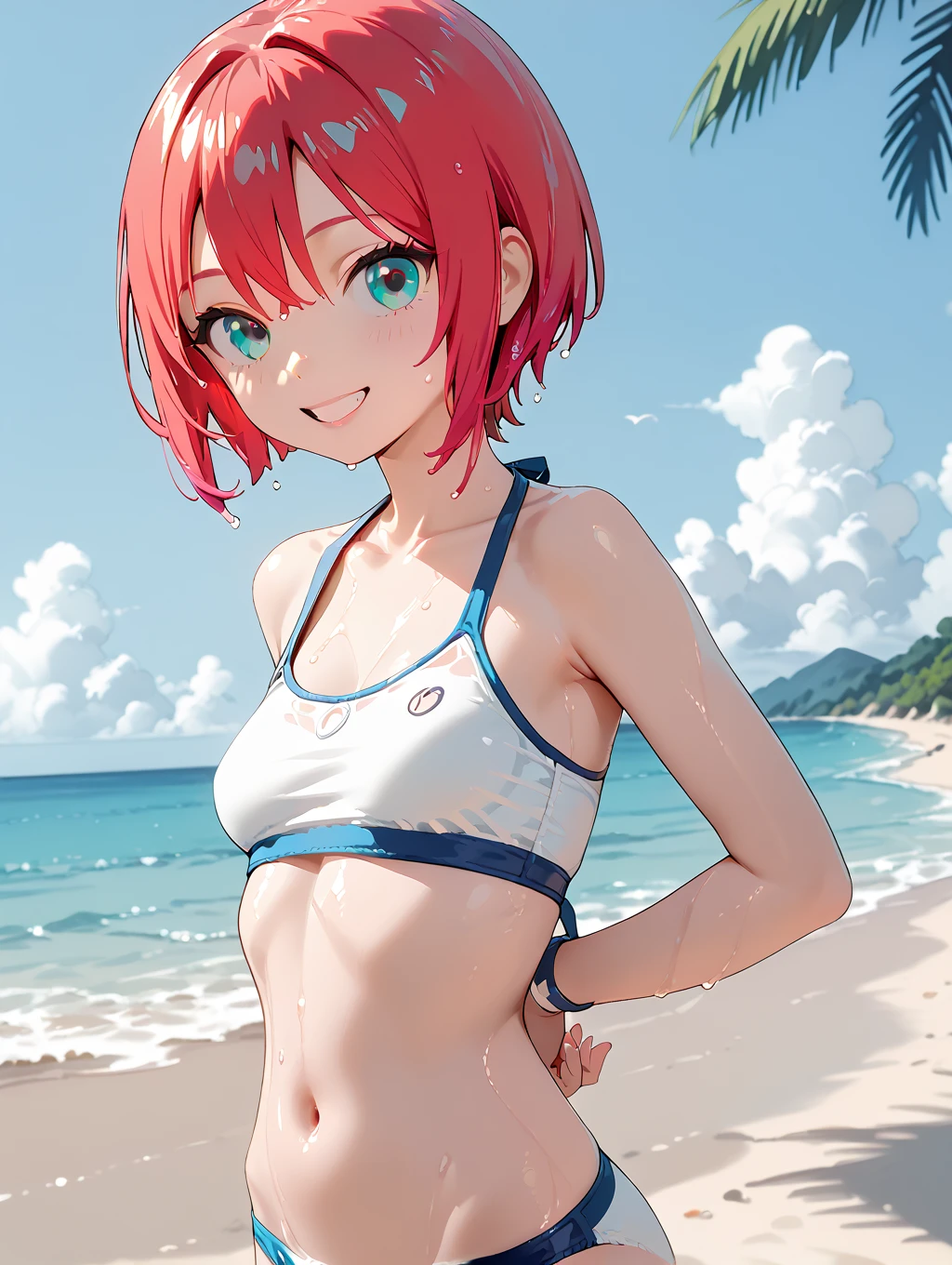 (masterpiece, high quality, high resolution, absurd, super detailed, High saturation、8k),real,,(bikini:1.5),3 girls on the beach:1.2,ゆり、beautiful eyes、((one with pink hair)), ((another girl with orange hair at shoulder height)), ((another girl with short blue hair)) (three girls on the beach)