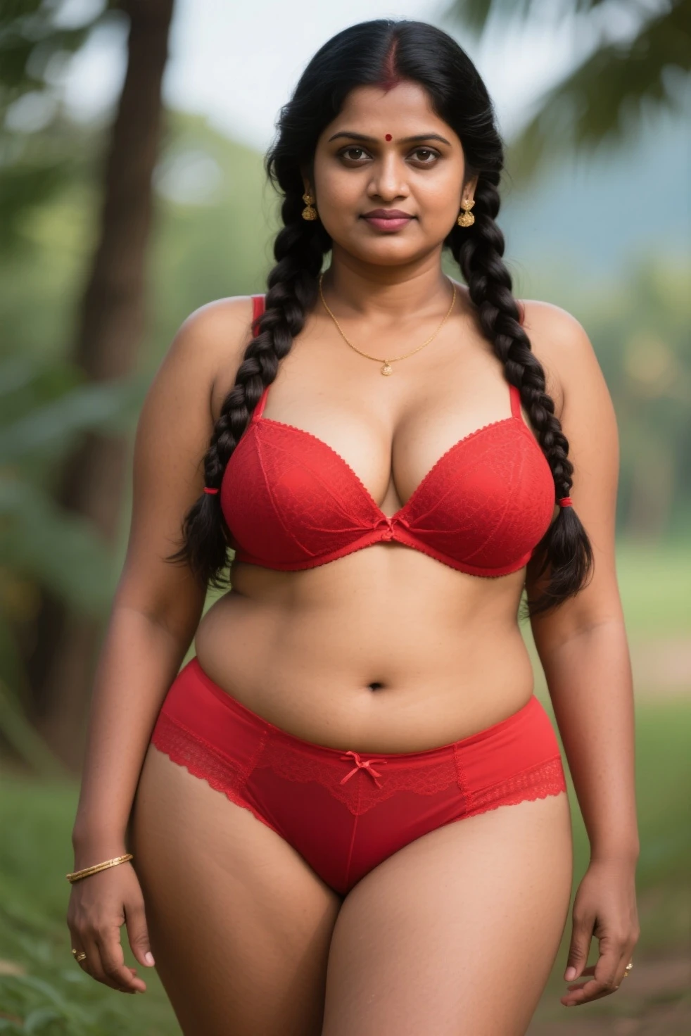 Indian woman masterpiece, best quality, ultra-detailed, (warm hue, warm tone: 1.2), wearing longer bra
 under red bra, 20 years old, (chubby cheeks:1.1), (curvy body:1.2), (bindi), An Indian beauty, charismatic, light Indian- skin, view the viewer, naughty smile, Indian village,fat Chubby big Cleavage cinematic light, side lighting, ultra high resolution, best shadow, RAW, seductive look, 4k