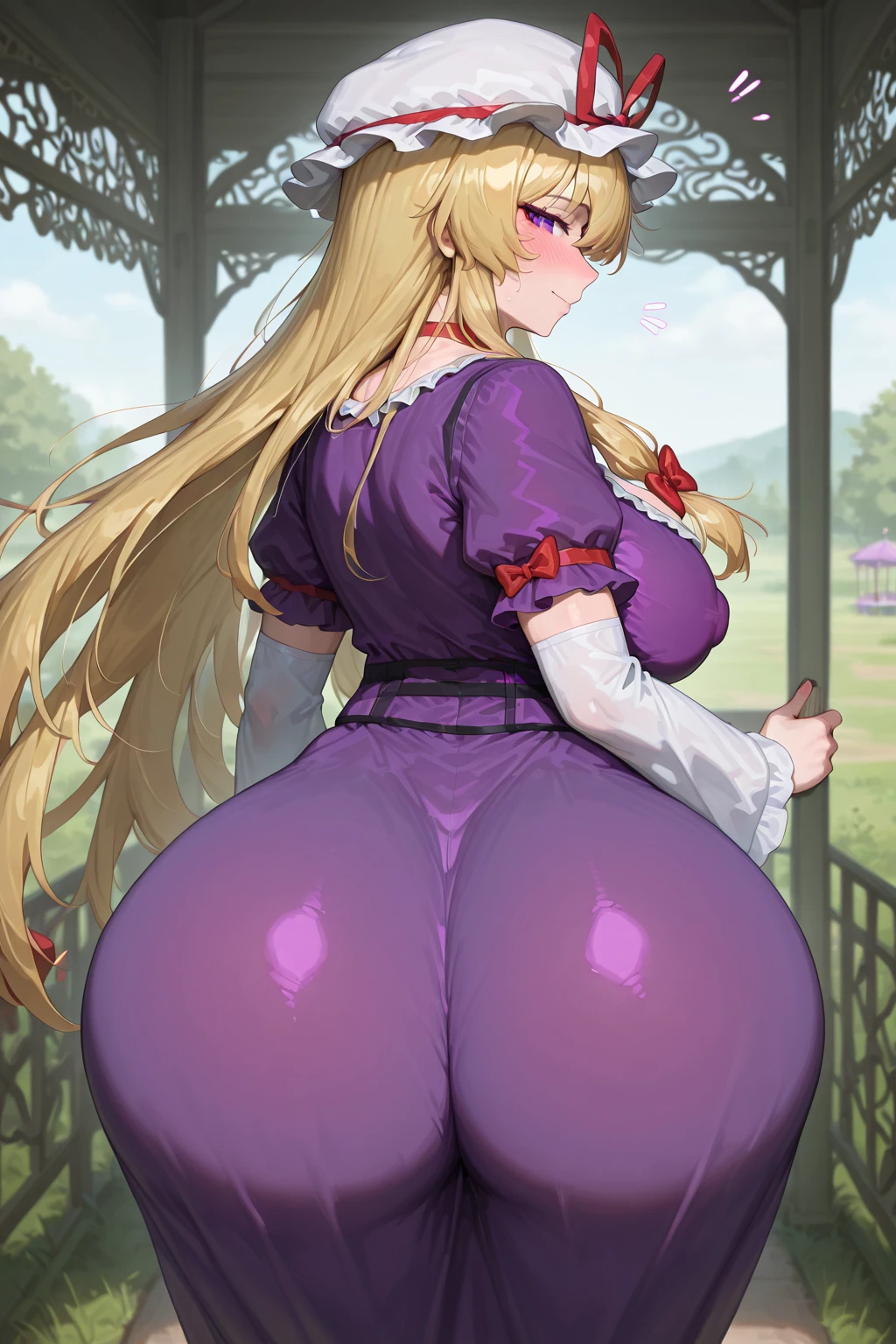 (masterpiece), (nsfw),Highest quality, Expressive eyes, Perfect Face, Huge breasts, Huge Ass,Squat with your crotch wide spread, Very curvaceous, Blonde Hair, Yellow Eyes, Lewd, Fuller lips, Fascinating, smile, Huge breasts, Wide Hips, Sunburn,one female doing,voice,Naughty purple lace bra, belly button, Obscene purple thong, Frilled ties,Pussy juice, Pussy,Standing on tiptoes