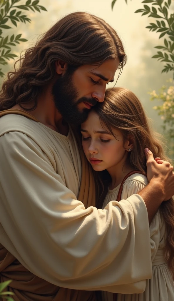 create the image of Jesus, in half profile, holding the hand of a little lady who stands before him. He affectionately holds the little lady's hand, looking into her eyes, expressing compassion in his eyes. don't make background