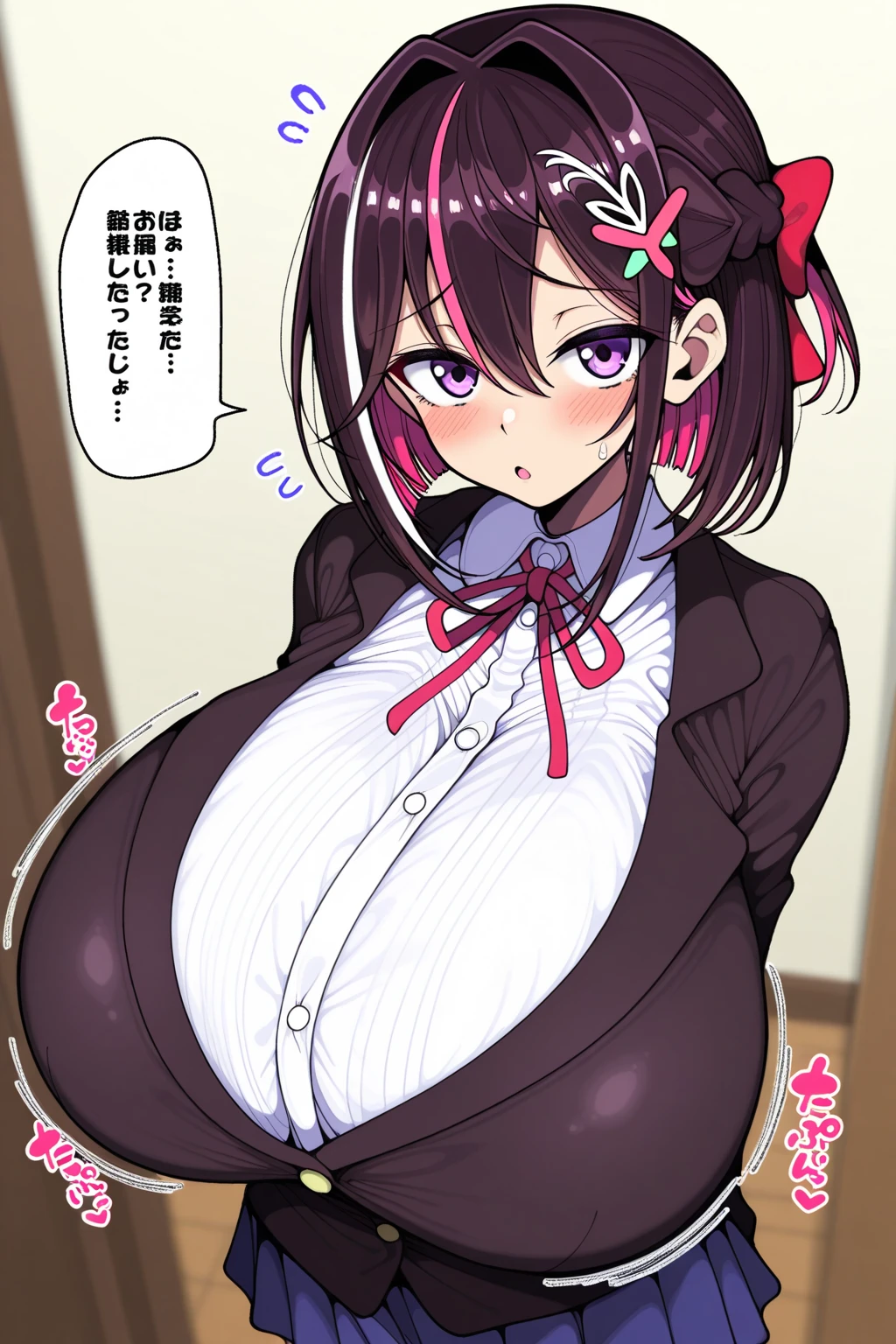 an uncensored pic of a sexy girl in a cute outfit with big tits being fucked in the dantsu_flame (umamusume), a very sexy manga girl from tokyo ghoul anime wearing a , 1girl, hojo karen, breasts, underwear, solo, bra, skirt, cleavage, necklace, jewelry, large breasts, white bra, blush, plaid skirt, twintails, shirt, brown skirt, white shirt
