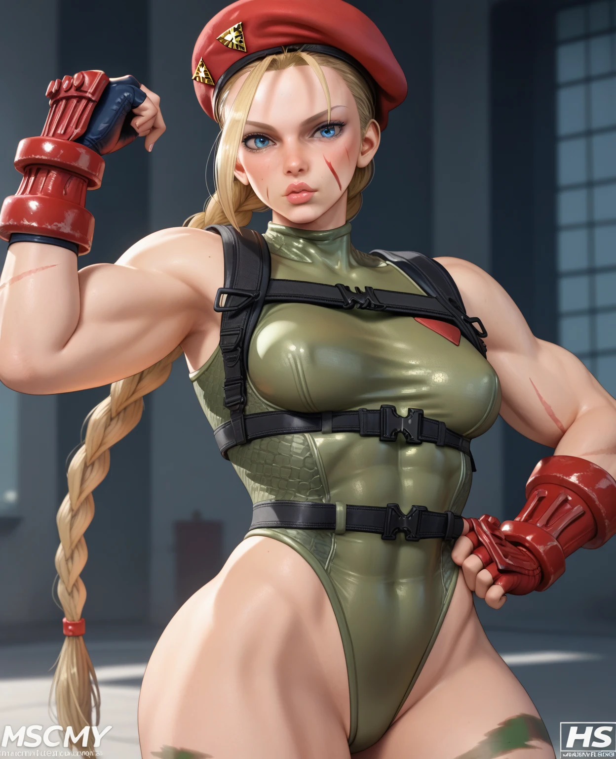 Cammy,blue eyes, blonde hair, braid, red fingerless gloves, leotard, lips, muscular, beret, highleg, scar, red headwear, scar on face, highleg leotard, camouflage, harness, thong leotard, green leotard, chest harness,necklace,perfect hands, perfect finger,perfect anatomy, masterpiece, best quality,realistic, hyperrealistic, 16k hdr,1girl, medium breasts,erected nipples, outdoor,((torn costume,damaged costume,damaged body)),spread legs,standing,night,park,from above,angry