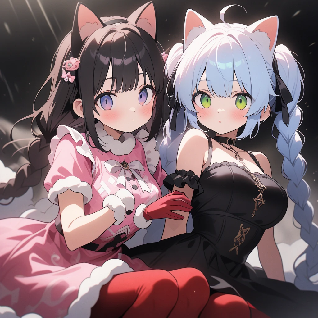 Best quality, (connected_dicephaly:1.1), (2 heads:1.4), 1 girl, one girl, black dress, White running shoes, Brown hair, green eyes, cat ears, two heads,