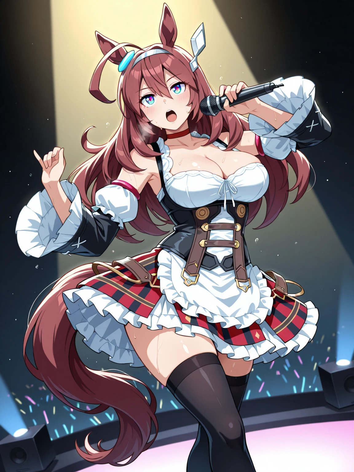 highest quality、All limbs、full finger、Slender beauty、straight hair、brown hair、Dereste、pink, 白とpinkのアイドル衣装、high socks、beautiful big breasts、live stage、sing、microphone, dancing、big smile、(white horizontal lace panties:1.1), skirt lift, shirt lift, show off panties、(show off bra:0.94)