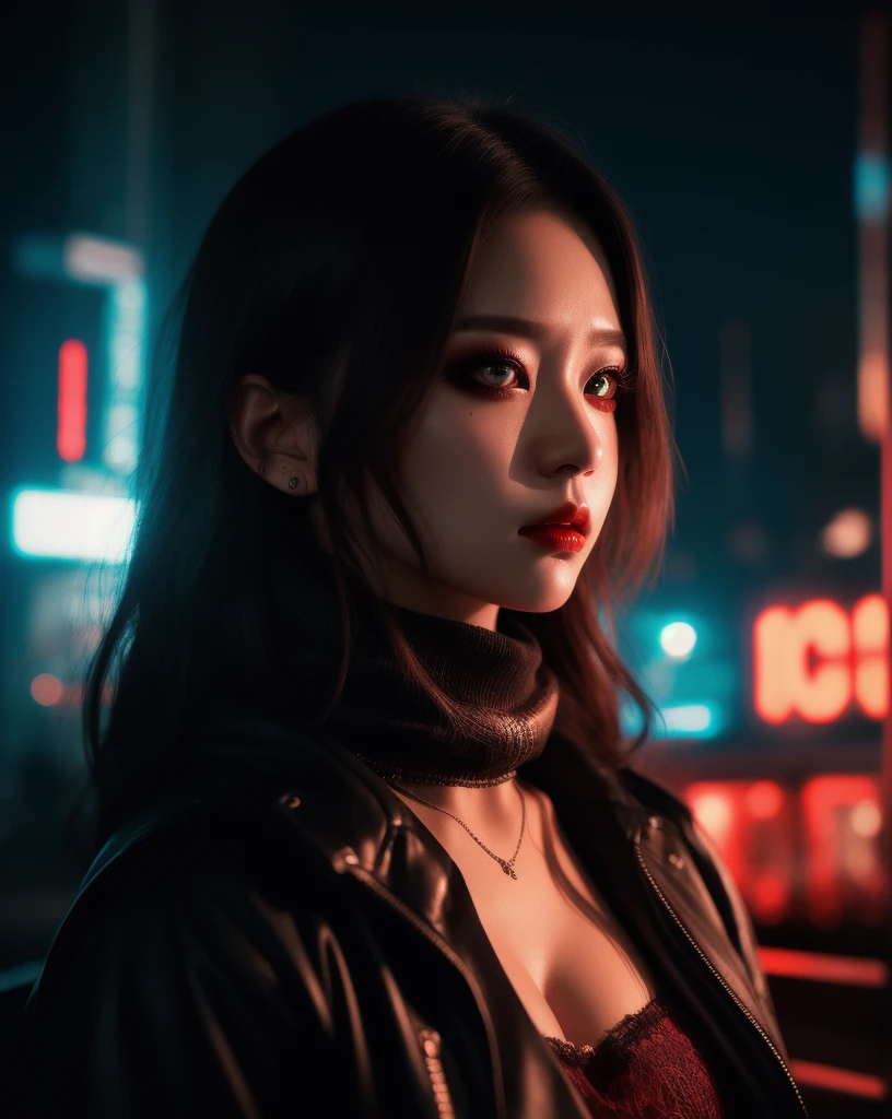 original photo, (best quality:1.3), high resolution, (masterpiece), (lifelike:1.4), Professional photography, Be focused, High Dynamic Range, 8k resolution, Intricate details, Fine details, Depth of Field, Extremely detailed CG unified 8k wallpaper, masterpiece，poster，best quality，Official Art，（Beauty and aesthetics：1.2），（masterpiece：1.3），woman，Single breast，Complex Mode，winter，Cyberpunk style city，semi-body photography，