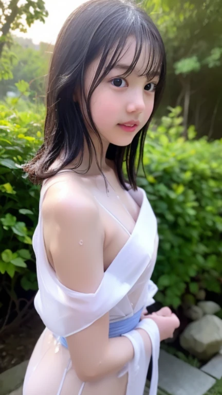 (best quality:1.2), masterpiece, Realistic, Ultra-high resolution, ((a beautiful Japanese idol 12 years old woman:1.2)), (Gaunt:1.3), (((Very flat chest:1.4))), ((Baby Face)), (upper body), ((Raise your arms to show your armpits:1.4)), ((Armpits are wet and shiny with sweat)), (((sweaty armpits))), ((((Deeply wrinkled armpits)))), She has skin that sweats easily Soaking wet, Wearing split (Lace Headband:1.2), (realism:1.5), (topless:1.2), (I can see my pores:1.2), in Japanese hot springs, Outdoor hot spring, Stone hot spring, Moss and trees Surrounded by