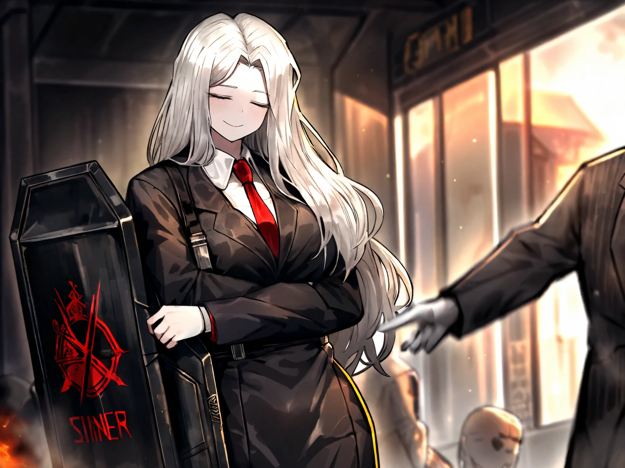 1girl,solo,blur the background,jet-black,,relaxed,cowboy_shot,silver hair,long hair,closed eyes,black cape,shirt,white dress shirt shirt,black blazer,black dress pants,suit,red tie, Limbus Company Sinner,long hair,smile,collared shirt,solo focus,long sleeves,outdoors,closed mouth,sky,coat,ballistic shield, huge shield, heavy