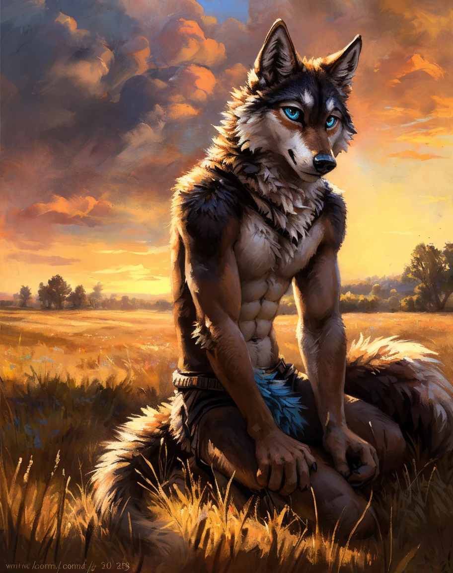 ((Solo)), male people, anthro wolf, tarzan, (Multi-colored fur, White-brown:1.3), ((Wolf face, White hair, Big eyes, White eyelids, Blue pupil, Slim:1.2) (Tough, Calm expression:1.2)), Abs, Slim, pinging)), (Correct anatomy), (ragged and dirty loincloth:1.1), (Contour bone:1.2), The upper body is naked, (detailed outfits),A big tail,Feet,(Realistic fur, Detailed fur texture, labeled:1.3)), (Natural lighting), Photorealistic, Hyperrealistic, ultradetailed, by Kenket,Endless grasslands,No buildings,erect through
