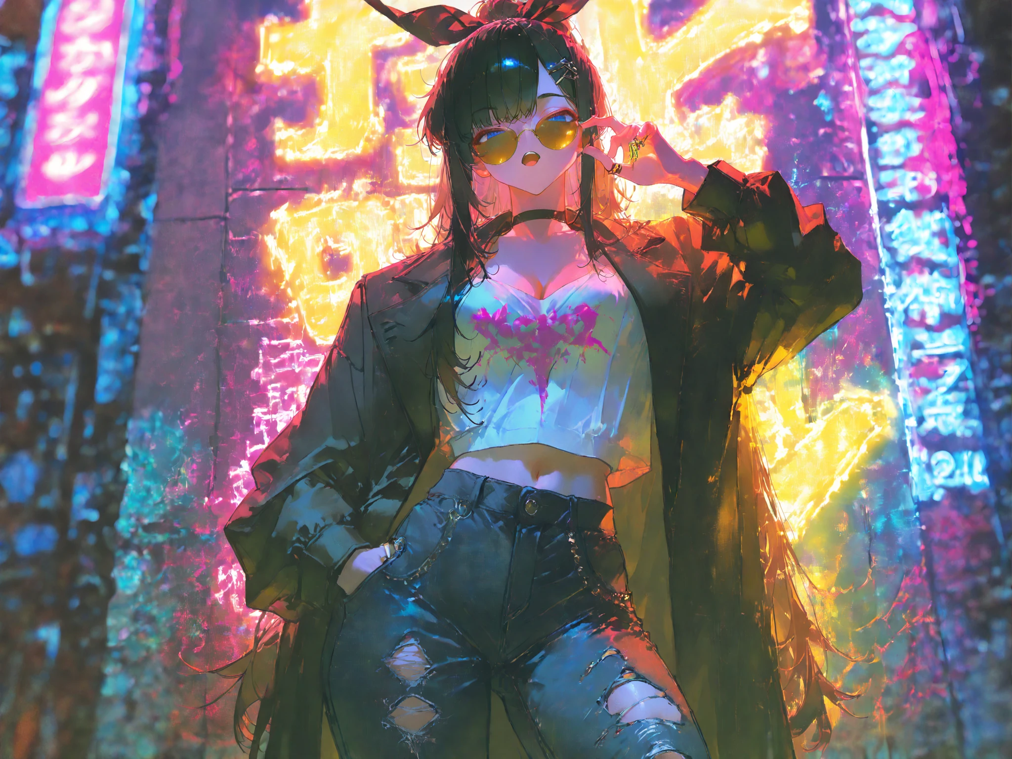 score_9, score_8_up, score_7_up, source_anime, highly detailed, high quality, character shading, beautifully lit, 1girl, japanese girl, cute face, oni, skin horns, two toned hair, hime cut, high ponytail, cyberpunk, cyborg, neon lights, (glowing yellow eyes:1.5), happy eyes, black sclera, blue floral kimono, one shoulder exposed, pale skin, black makeup, thick black eyelashes, Japanese city background, (shoulder tattoo:1.5), sideview, medium breasts, cleavage, red eyeshadow, concept art, dark theme, low light, pureerosface_v1, kda_akali_mask, body paint, kda_akali_neon, g0thicPXL, glowing, neon, full body view, embedding:pureerosface_v1, <lora:g0th1cPXL:0.4> <lora:KDA_Akali> <lora:Pony_DetailV2.0>