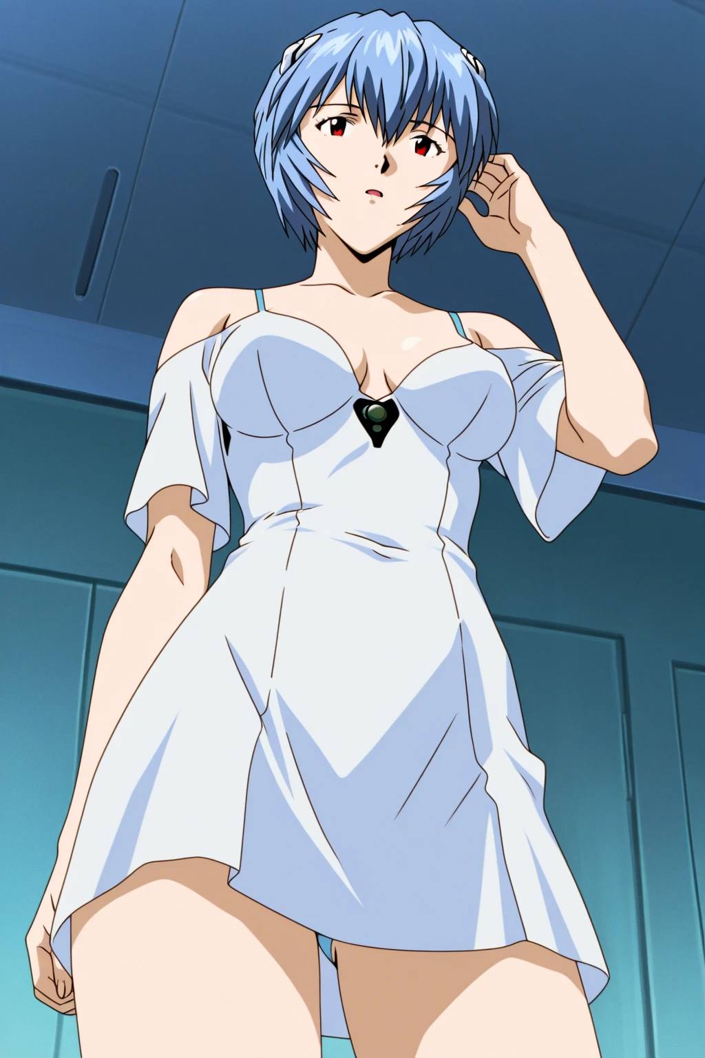 masterpiece、Highest quality、Anime Girls、solo、Watching the audience、smile、Short Hair、Silver Hair、eyelash、Blue eyes、Hair on one eye、Big Breasts、cleavage、Girls with very large breasts、collarbone、Purple bodysuit、Off the shoulder、Long sleeve、Blue sash、