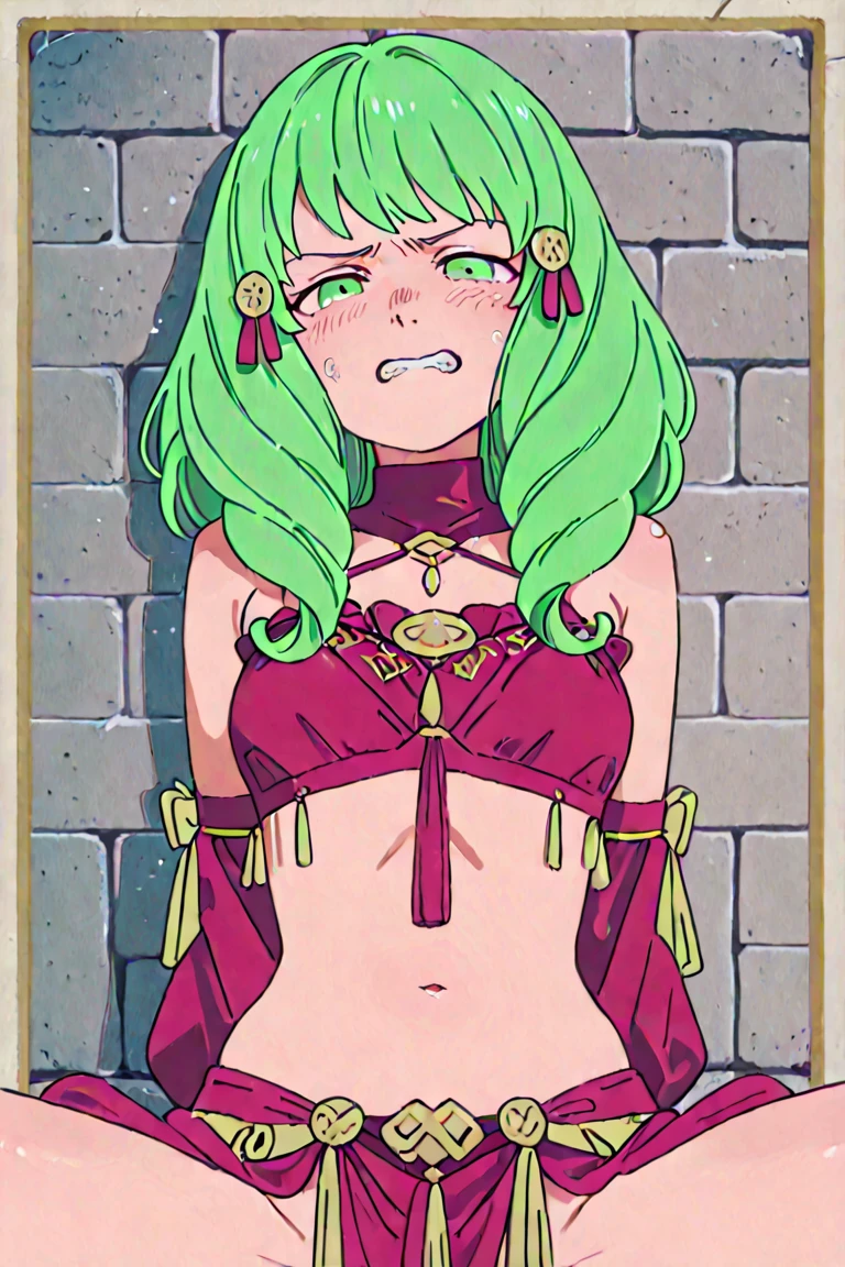 brandish, 1girl, solo, white background, anime coloring, , thighs, nude, navel, legs, nipples, scared, angry, looking up,
