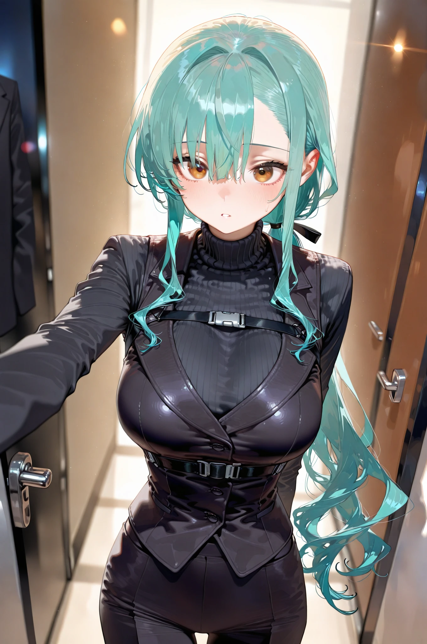 beautiful, (masterpiece), 最high quality, (extremely get used to it face), extremely get used to it eyes, perfect lighting, overall details, get used to it, deep skin, slicked back hair, long hair, green hair, type of eyes, slicked back hair, elbow bag, alone, looking at the viewer, one hand, verbal invitation, lifting shirt, saliva, saliva trail, latex suit, spy lady, wearing tight latex suits, high quality, Super high quality, Highly detailed CG Unity 8K wallpaper, High resolution, close your face, bondage suit, shiny bondage, cool girl, dog girl, cat girl