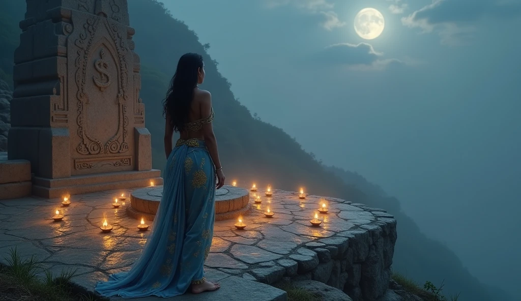 Egyptian woman with red dress and ancient belt kneeling praying and a starry sky and a blue full moon full of necklaces and bracelets and a crown on her head she is on a Moroccan balcony 