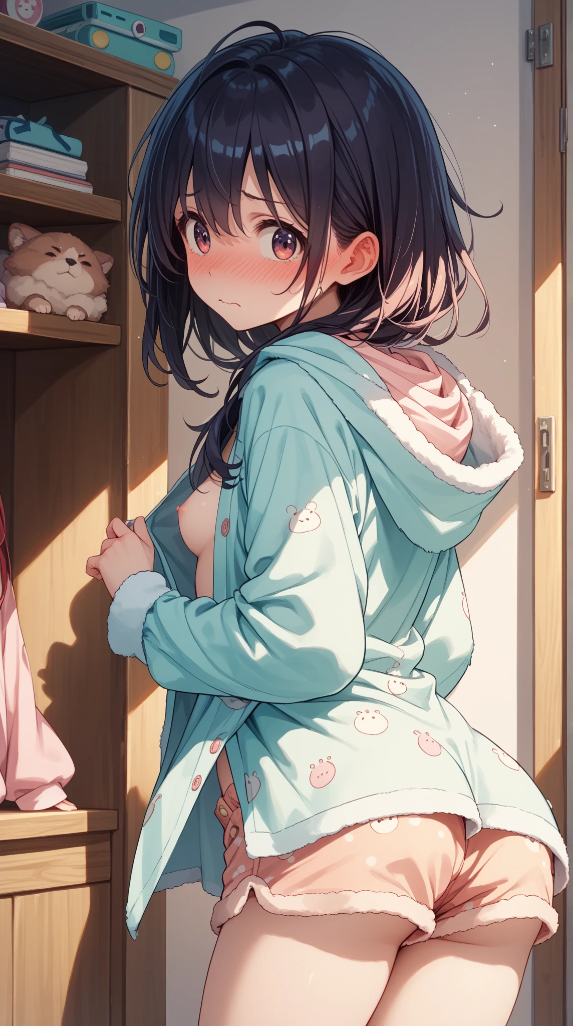 (Masterpiece, top quality, absolute resolution, real stick, realistic materials and textures, perfect anatomy), BREAK Subject: Photo girl Subtitle: Junior high school girls, thighs, small, cute, Kigurumi pajamas BREAK pink kawaii room , pink gothic room, messy room, Marchen, macarons, Candy, heart item, ribbon,star item, small window, (Miscellaneous goods are placed in a mess:1.3),dresser, antimacassar ,