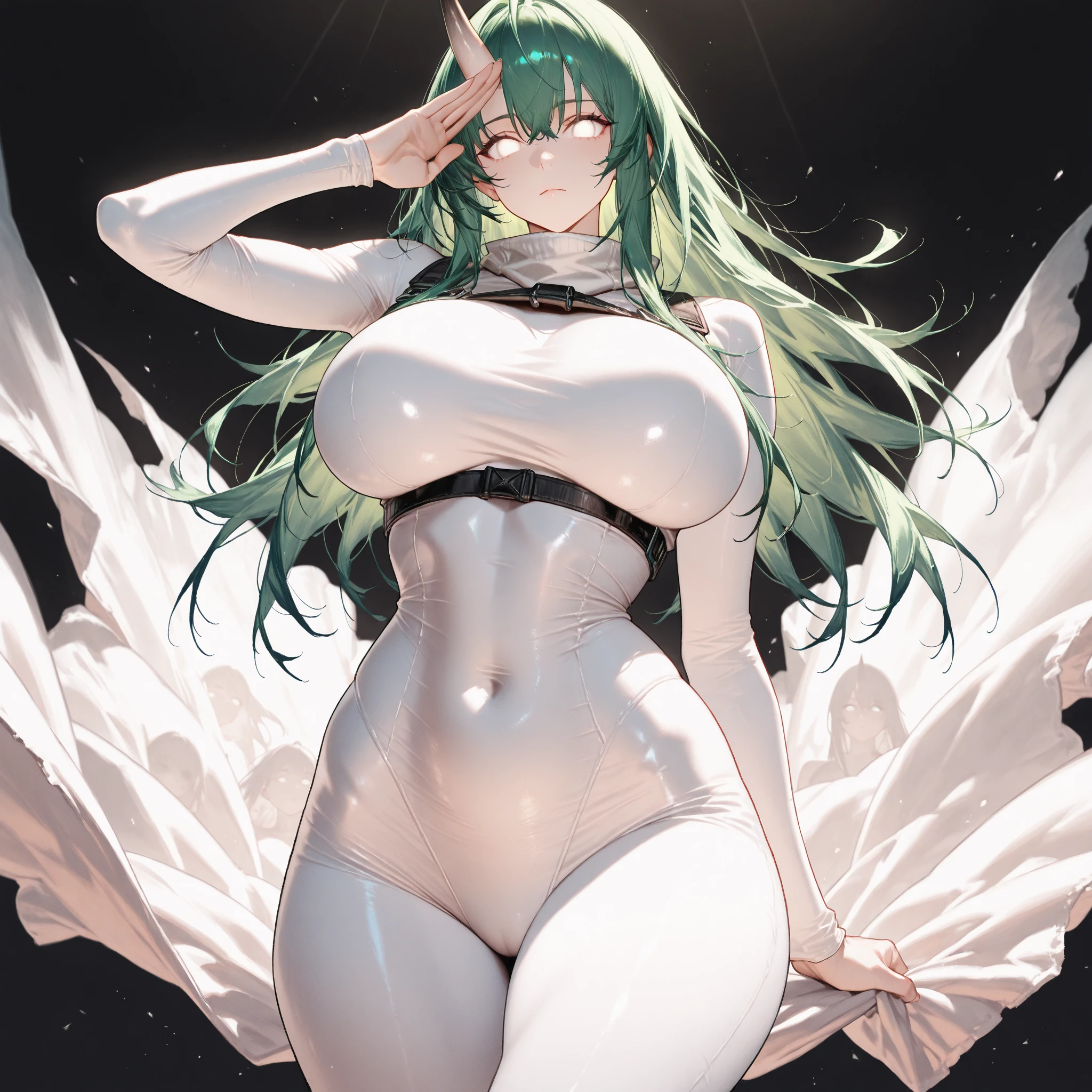 1girl, long blue green hair, pink eyes(glowing), thick figure, voluptuous, pale skin(extreme), black uniform and skirt, arms up, chiaroscuro, stone ruins at night, cosmic, Galaxy in water, hips forward, legs apart, cameltoe, from below, 8k, absurdres, best quality