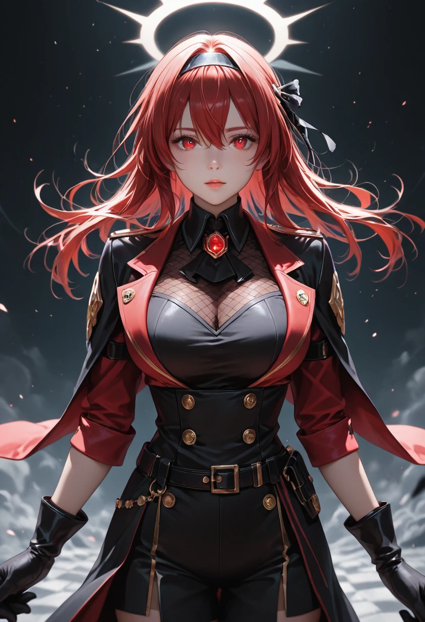 (highest resolution, clear_image) highest quality, a female's masterpiece, very detailed, semi-realistic,(most of the body), (highest quality, masterpiece, Super realistic),deep red hair, wolf cut, Torn black bangs, open jacket, shadows on the eyes, short hair, wolf cutの髪, green and blue stripes in hair, Eyes down, gone crazy, have, look up, cowboy view,intimidating pose、The whole body from head to foot、Powerful atmosphere、sharp eyes、cool beauty、walk with authority、suit、lift your hair with one hand、empress、adult dignity、Queen、胸元の開いたsuit、Tight Skirt、