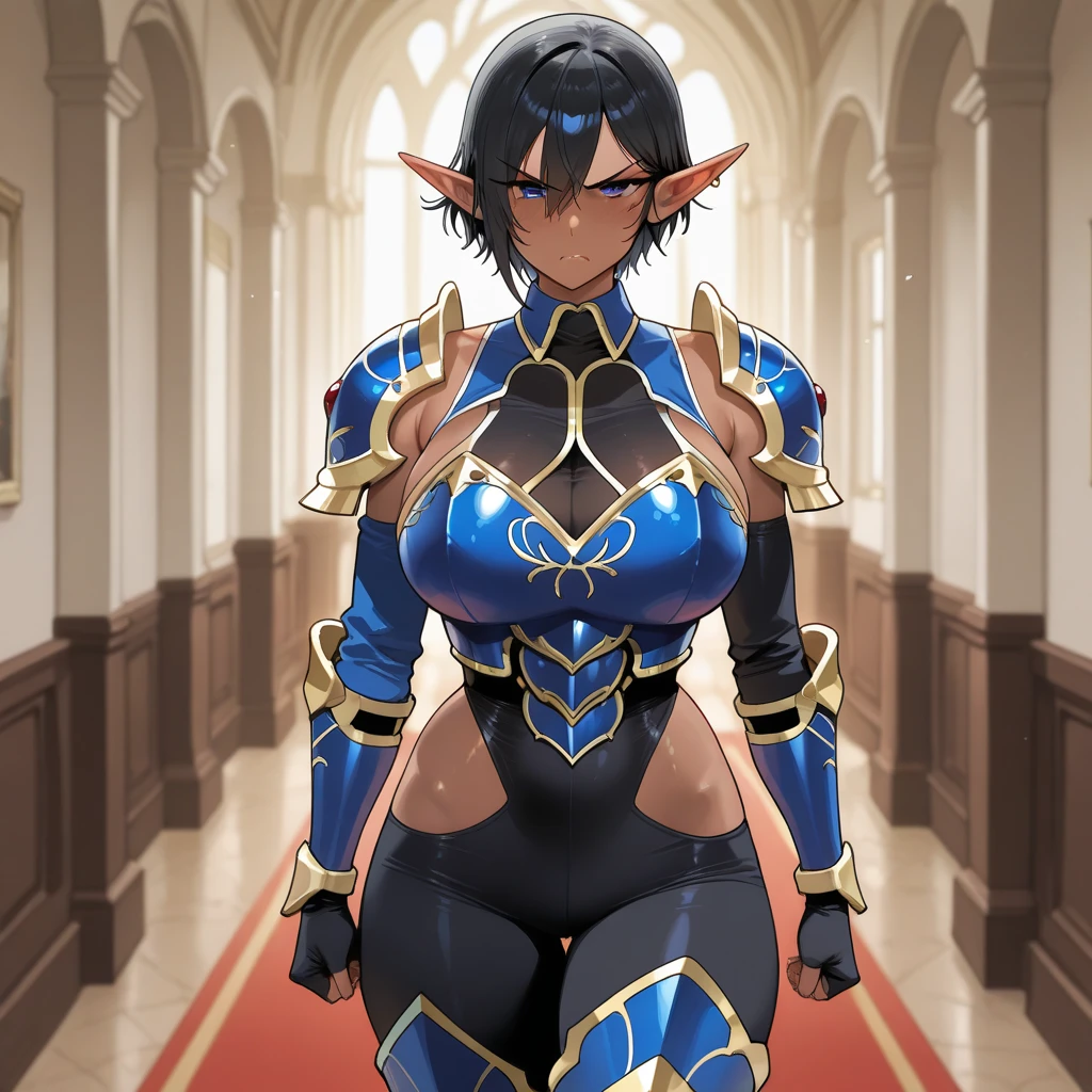((best quality)), ((masterpiece)), (detailed), pretty face, elf, short black hair, rogue, dungeons and dragons, big breast, big ass, blue eyes, curvy body, brown leather light armour, pale skin, daggers, leather brown mask