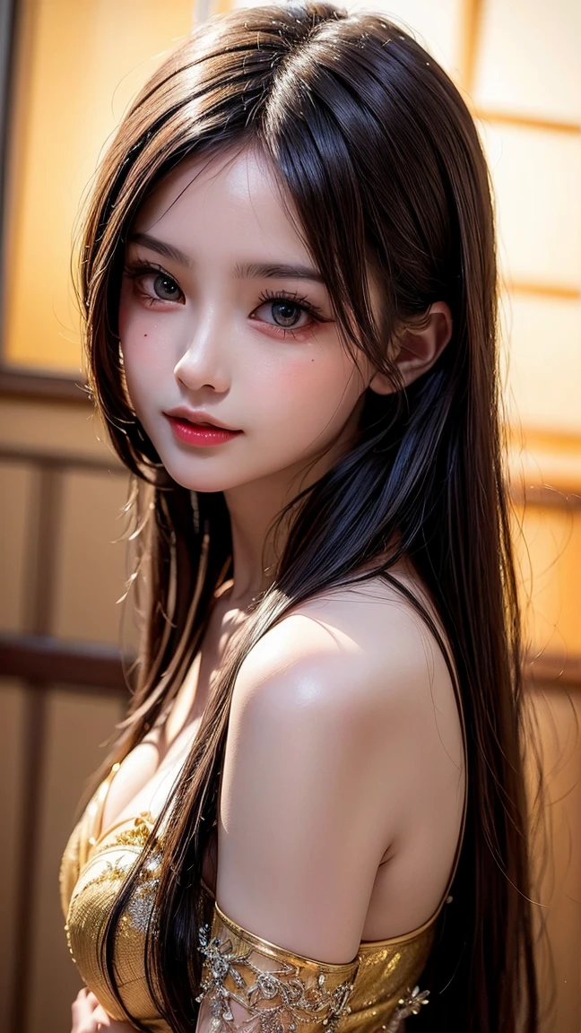 masterpiece、Highest quality、Highest Resolution:1.2、Ultra high definition、Super detailed、Best Shadow、Beautifully detailed face、Beautiful attention to detail、Amber Eyes、High Contrast,, One girl、small、(Beautiful breasts)、bangs、Hair on one eye、Black shiny hair、Bare shoulders,Beautiful shoulder blades、Soft skin texture、Beautiful silky white skin、After bath、Wiping the body with a towel、Only towels:1.3、Wipe your chest with a towel、(Face Focus:1.3,Eye close-up:1.3)、((From behind:1.3)), Place your hands on your chest,Only towels,