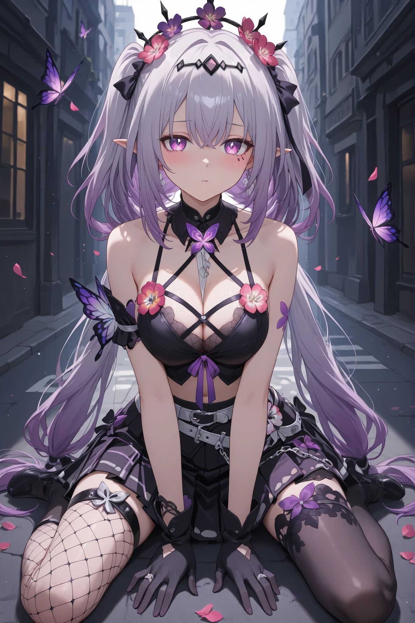 Castorice from Honkai Star Rail, beautiful anime girl with long lavender hair in twin tails, wearing a black lace crop top with thin straps, deep cleavage, and a short pleated purple plaid skirt. She has violet-purple eyes with a soft glossy effect, slightly blushing cheeks, and a cute pouty expression. Wearing fishnet stockings and thigh straps, black belt with a silver buckle, and gothic accessories including a black choker with a dangling cross. Purple butterflies rest on her hair and arm. Her hairstyle includes flower decorations on her head and side braids. Urban street background with tall buildings, cold lighting, and scattered flower petals on the ground, detailed lighting and shading, ultra detailed, high resolution, anime artstyle, dynamic perspective, gothic and sexy outfit, fantasy style, street at sunset.
