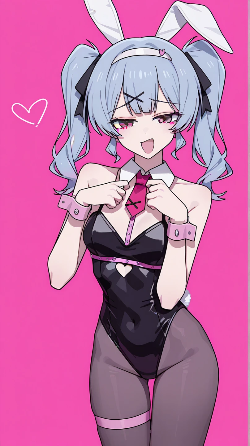 score_9, score_8_up, score_7_up, score_6_up, BREAK, source_anime, 1girl, animal ears, backless leotard, black footwear, black leotard, black pantyhose, black ribbon, blue eyes, blue hair, cuffs, fake animal ears, fake tail, fishnet pantyhose, fishnets, hair intakes, hair ornament, hair ribbon, hairband, handcuffs, high heels, highleg, highleg leotard, leotard, long hair, nail polish, pantyhose, pink nails, playboy bunny, rabbit ears, rabbit tail, ribbon, tail, teardrop facial mark, twintails, white hairband, x hair ornament, cowboy shot, smile, looking at viewer, solo, simple background, blushyspicy
