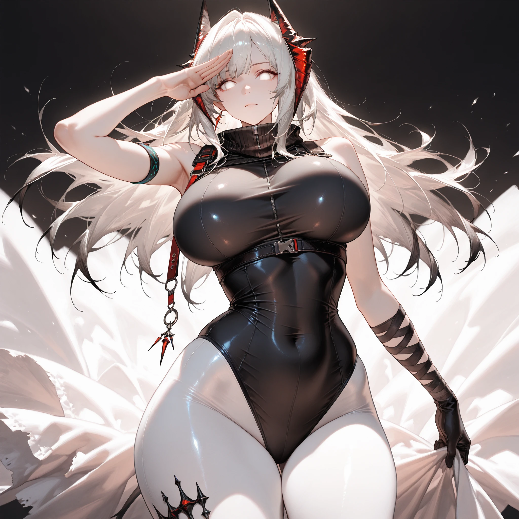 all intricate details, a anime fantasy picture of a girl character, 1girl view, solo, cameltoe, thighhighs, tattoo, long hair, navel, looking at viewer, black-red horns, crop top, a dragon in pubic tattoo, stomach, white-purple hair, long sleeves, short diamond armor, firm breasts, medium breasts, black thighhighs, shirt, black footwear, thighs, bright light purple eyes, closed mouth, sexy pose, random angle, power stance, random background