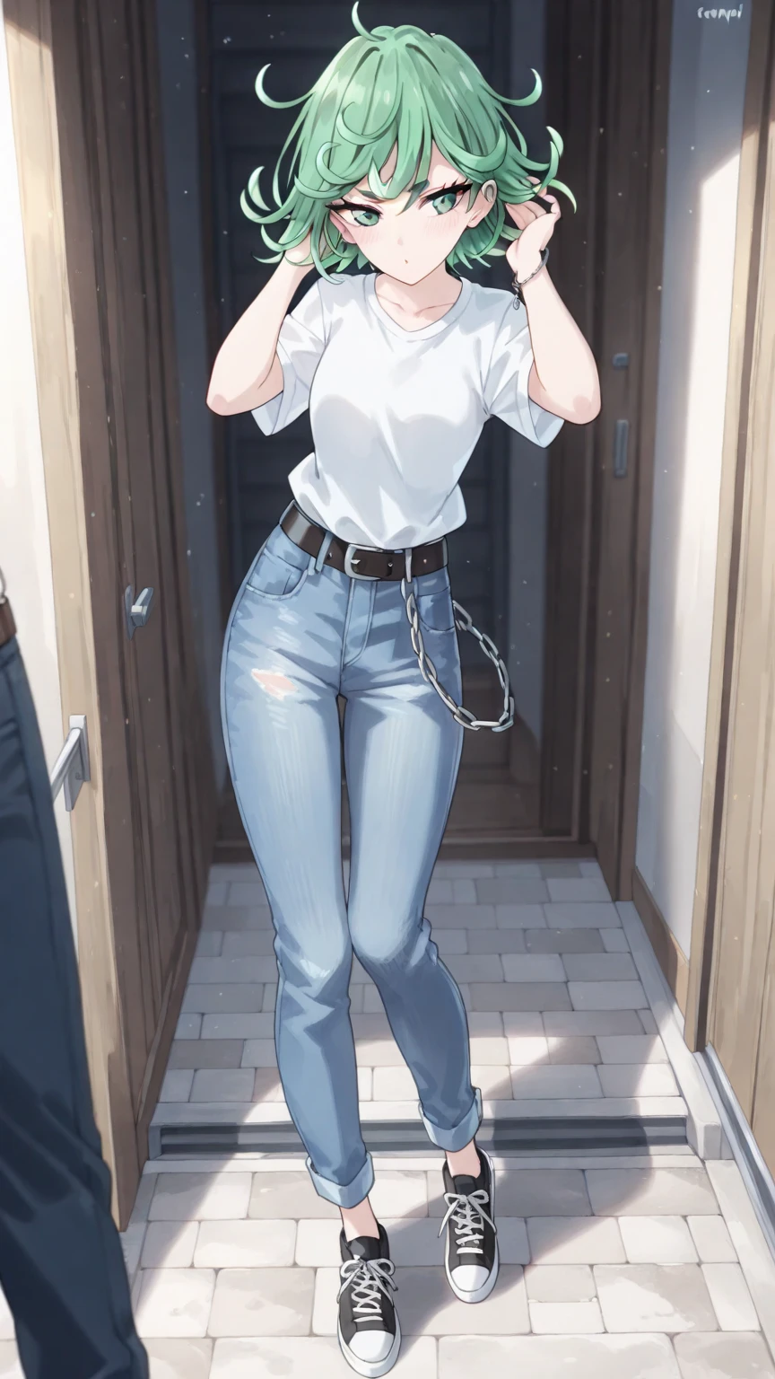 best quality, masterpiece, highres, realistic, 8k, soft lighting, cinematic lighting, european girl, 20 years old, jeans pants, full body, blush, worried, topless, barefoot, dungeon, (bondage), bdsm, rope, ball gag, restrained, restrained legs, arms behind head, looking at viewer, ((((((pee stain))))))