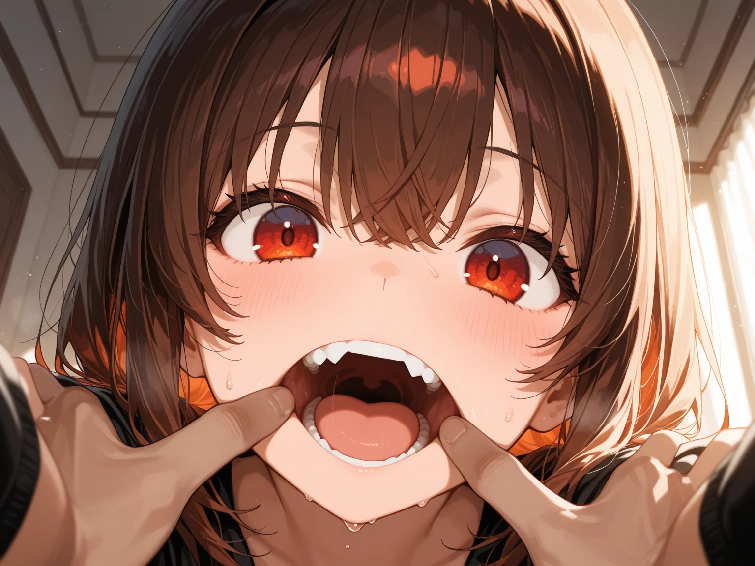 2d, masterpiece, best quality, anime, highly detailed eyes, highly detailed face, highly detailed background, bedroom, pov, pov hands, finger in another's mouth, open mouth, fang, pink hair, slit pupil, glowing eyes, red horns, corneo_power,<lora:fangInspectionDay_10AOM2:1> <lora:slitPupilsInpaint_slitPupils:1>