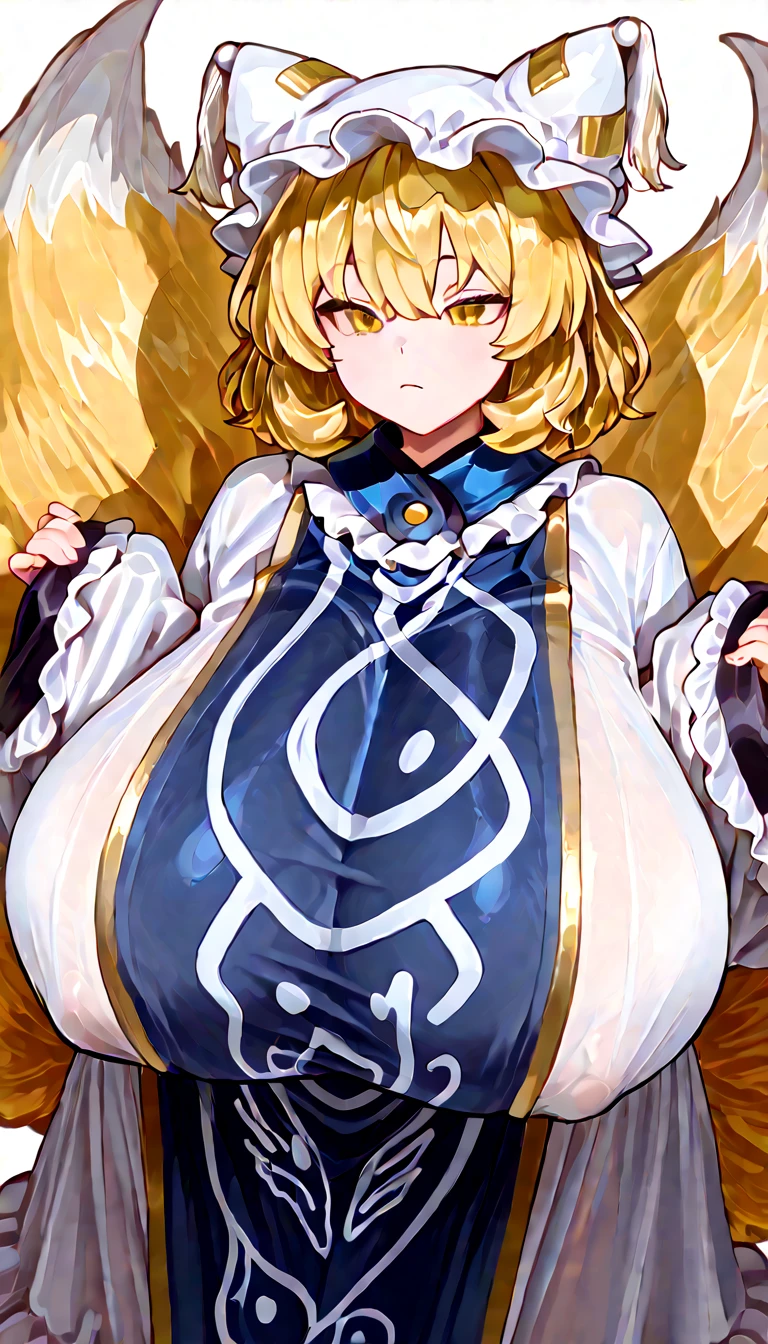 (One girl)、medium length hair、(sidelock)、((Blonde))、(slan eyes)、（boyish）、cute、(Big super breasts)、((Chubby))、、(Priest)、(Futanari)、pink leotard、White sleeveless、thigh-high socks thighhighs、(long gloves)、hairs between eyes、(coarse hair)、[flipped hair]、pink eye、say、(Erotic squatting)、 two side up、White Background、