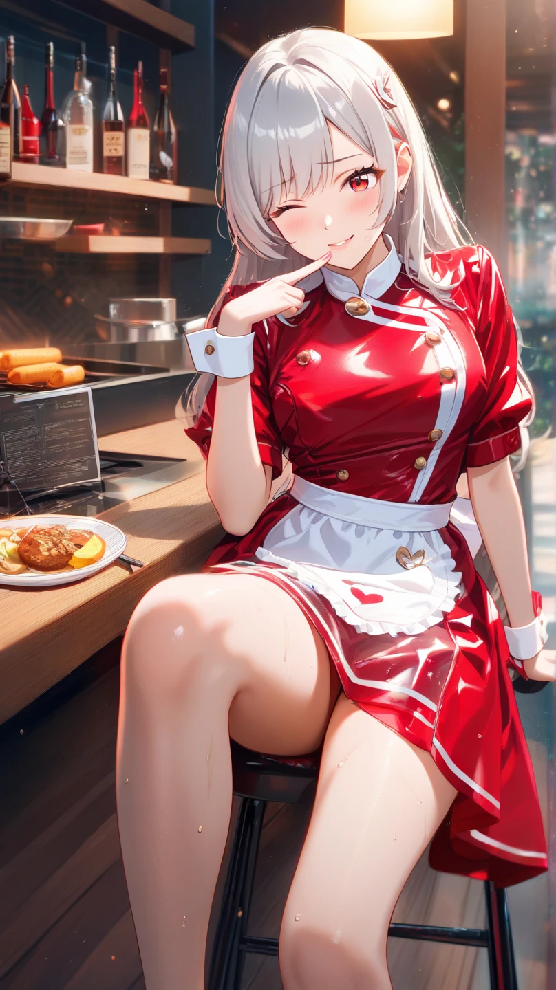 anime style mujer adult hair long white and eyes color red, usando un vestido con mucho escote con los pezones erectos sentada en una silla de un restaurante 