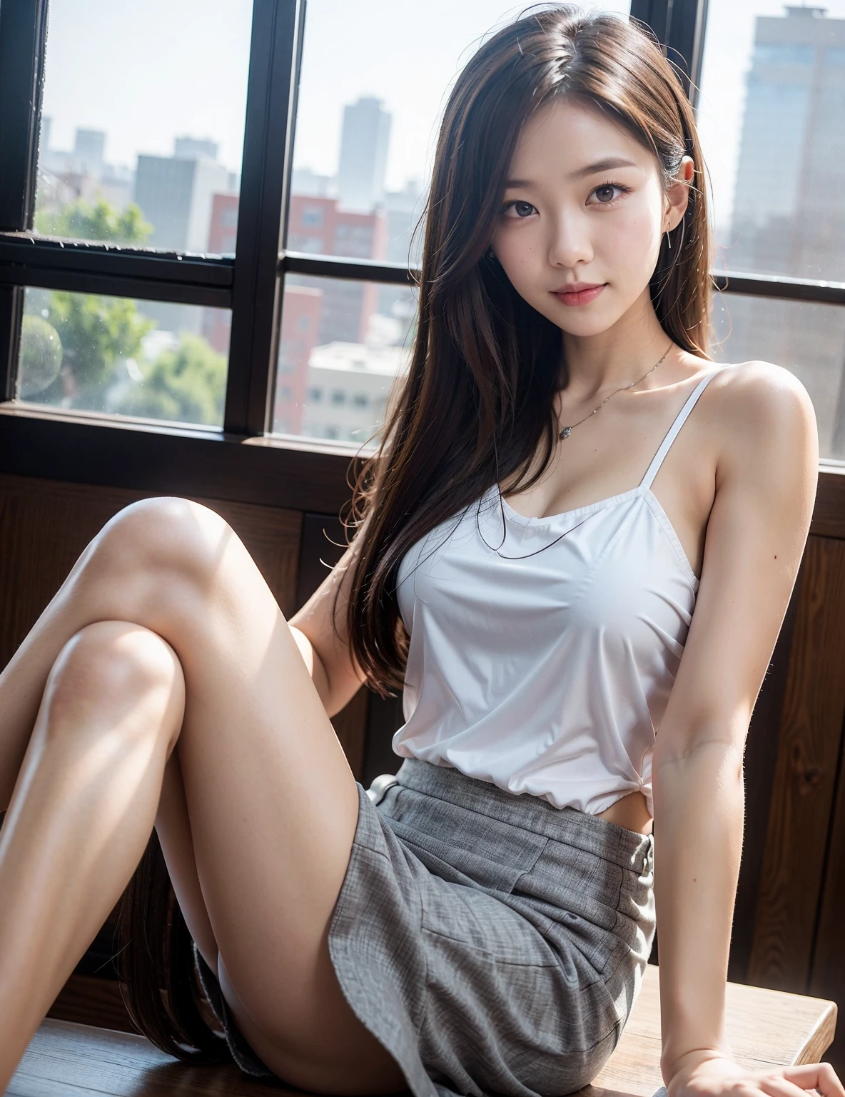 A boldly composed photograph of a Japanese woman that looks like it was taken by a famous artistic photographer, (((Blockbuster art photography)), (8k, Highest quality). A stunning composition using a model with excellent proportions. Perfect beauty model with a confident and balanced appearance, ((Highest quality質)), ((masterpiece)), (Familiar:1.4), ((Highest quality質のリアルな写真)), ((Shot with Hasselblad)), ((Best photo quality)), Beautiful womanの画像,Super Resolution,Slim and perfectly proportioned, Beautiful woman, ((Highest quality質, 8k, masterpiece: 1.3)), Beautiful woman, 1 female, Slim figure: 1.1, Perfect beauty, 20-year-old, (Realistic: 1.4), Ahegao, Shining Sweat, thin, Art photo composition with space around the woman, See through, (((Studio shot))), (((The background is only gray and there is nothing.))), Full body photo, Anatomically correct hand, Anatomically correct legs, anatomically correct whole body, Marble room,　White T-shirt and hot pants. Cowboy Shot, (((Holding your crotch with your hand))). (((Sitting on the sofa facing forward))), 