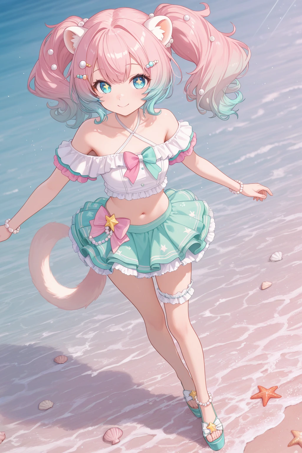 Cat((Take a cute cat 1.2))、I have a cat(Cute Cat 1.2)、Cute as a dream、(masterpiece、top-quality、top-quality、watercolor paiting(Curly)、Take a cute cat、Official art、Beautifully Aesthetic:1.2)、(a beauty girl:1.3)、patterns、pinkhair(rainbow-colored hair、colourful hair:1.2)、swimming pools、Cute swimsuit