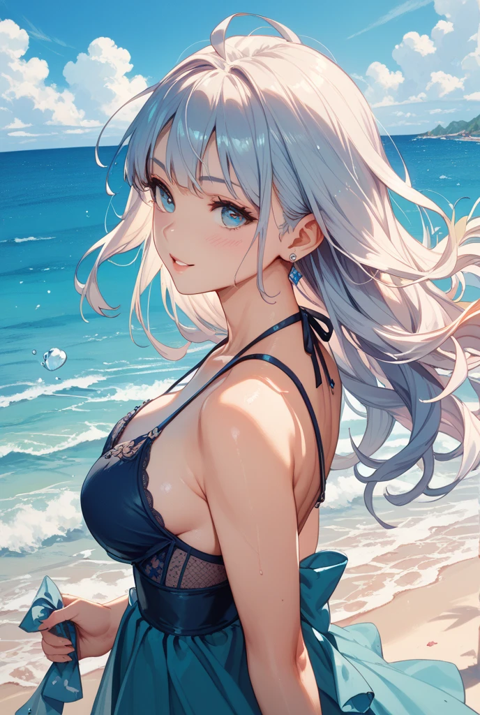 8k,4K,High resolution,topless、
One beautiful young woman,Silver Hair、ponytail、
(Soft Saturation:1.3), (Fair skin:1.2),
(ultra-リアルなDetailed Background,Live-action background、 Detailed Background), Bokeh,
break&#39;Portrait of a smiling girl.,
When viewed from the front, The composition is symmetrical,
Looking straight at you with serious eyes,
break Swimwear, topless、, Mid-chest, 
Outdoor, Sea surface, null, sunlight,Summer beach, Sandy Beach,
Strong light, Front lighting, 
(Teen:1.3), (Cowboy Shot:1.2),
Front brake angle,
View your audience,
Dynamic pose,
sitting on the beach

Seaweed、Seaweed、Seaweed、Seaweed、Seaweed、Seaweed、Seaweed、