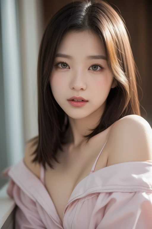 masterpiece, Best Quality, (hyper realisitic:1.4), (Smooth lighting:1.05), Ultra-detailed, finely detail, hight resolution, 8K Wallpaper, Perfect dynamic composition, Beautiful detailed eyes, Beautiful Women with Perfect Figure: 1.4, Slender Abs: 1.2, large breasts, natural color lip, Long straight Hair, Bangs, Highly Detailed Face and Skin Texture, 20 years girl, Perfect and beautiful face, Sexy shot looking at camera, bed