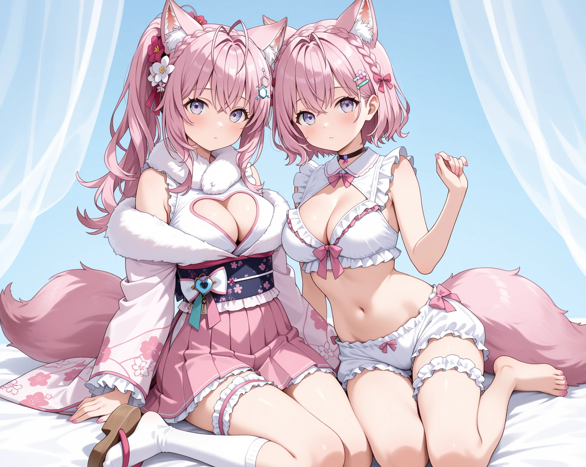 nero claudius (fate/extra), tamamo no mae (fate/extra), nero claudius (fate), tamamo (fate), long hair, breasts, looking at viewer, blush, smile, open mouth, bangs, multiple girls, blonde hair, large breasts, ribbon, 2girls, animal ears, cleavage, hair between eyes, bare shoulders, underwear, green eyes, collarbone, tail, hair ribbon, yellow eyes, pink hair, braid, ahoge, thighs, hair bun, yuri, apron, red ribbon, animal ear fluff, fox ears, fox tail, hair intakes, fox girl, french braid