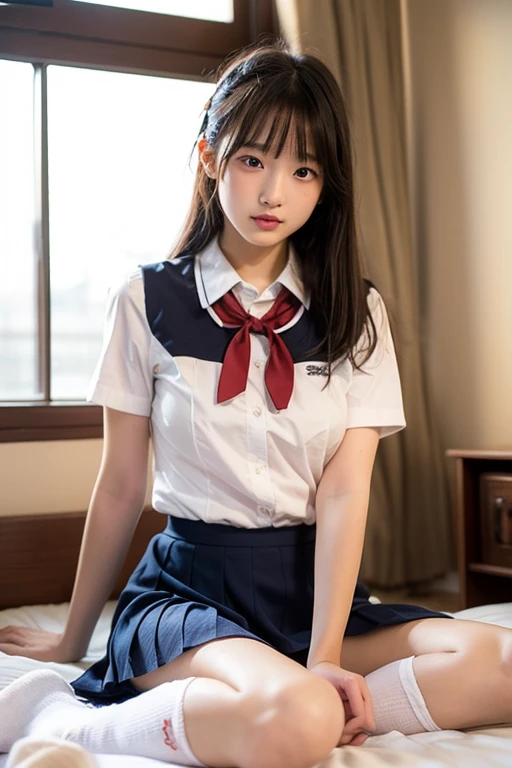 ((highest quality, masterpiece :1.3)), Photorealistic、Ultra-high resolution、Natural skin texture、Hyperrealism、Photograph from the knee up、16 year old Japanese beautiful girl、Twin tail hair、Large breasts、White collared shirt and tie、Ultra mini skirt、Angry expression、Lying in bed