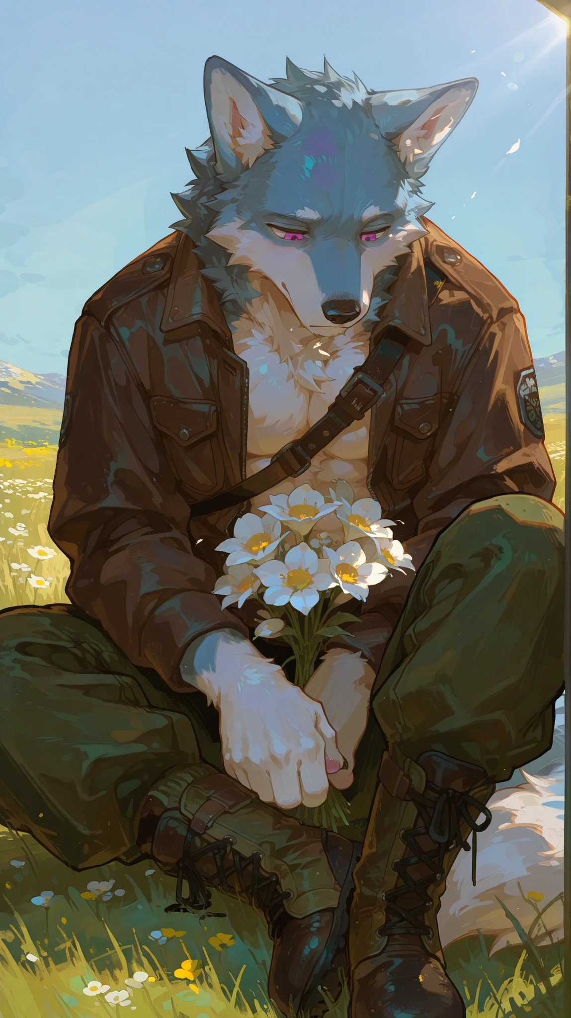 masterpiece, best quality, 8K resolution, HDR, 4K resolution, sharp focus, vibrant colors, anime cel-shading style, semi-realistic anime with detailed furry features, solo, 1boy, blue wolf furry, muscular build, deep blue fur, white fur on chin, white fur on chest, purple eyes, large fluffy tail, pink paw pads, wearing a dark brown open leather jacket with a black inner lining, rugged khaki cargo pants, sturdy hiking boots, vintage film camera hanging around his neck by a strap, sitting cross-legged in a vast daytime grassland under a clear blue sky, sunlight casting soft shadows, wildflowers scattered around, bouquet of purple and white flowers placed beside him on the grass, one hand resting on his knee while the other touches his chest lightly, sad contemplative expression with slightly teary eyes, looking down at the ground, wind gently ruffling his fur, peaceful yet melancholic atmosphere, no other characters