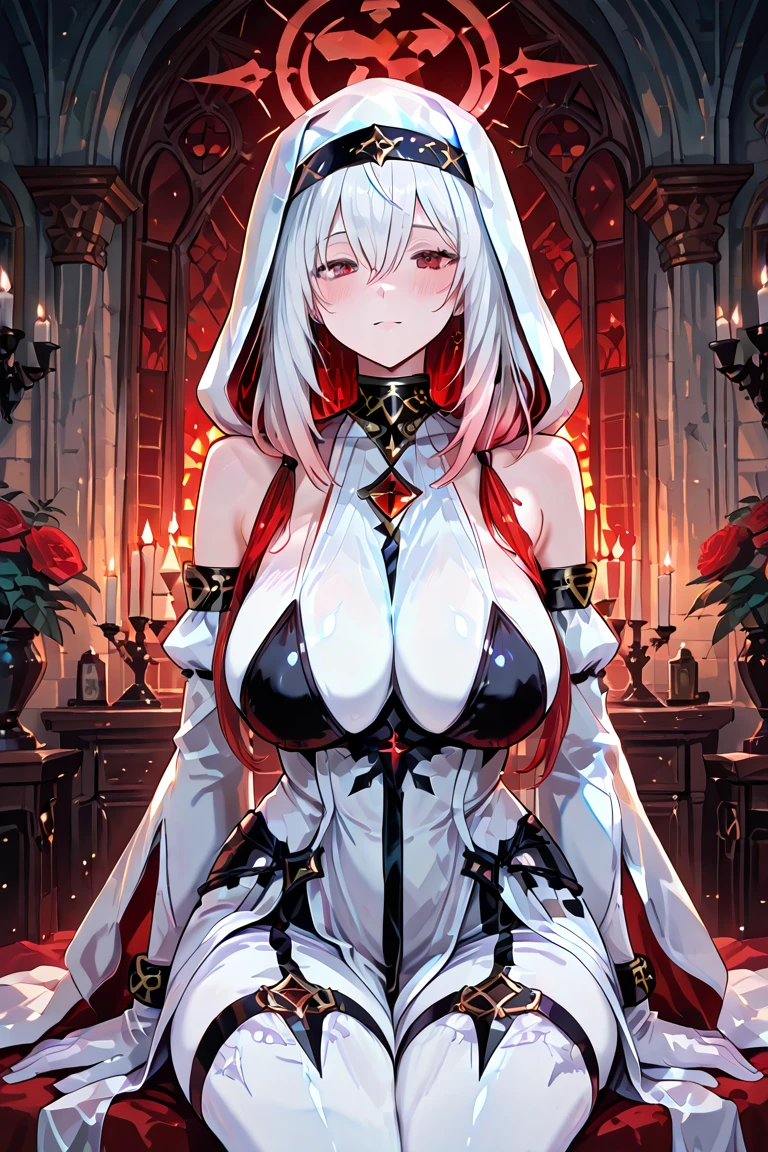 Long white hair,Red eyes,Sexy Sheer Colonial Dress, Perfect body, Clear chest, Well-defined collarbone, Surreal, lifelike, detailed, Perky transparent nipples, Wet clothes(whole body:1.1),cross,Holy,best quality,Large Breasts,Big Ass,No underwear。Gorgeous church background with extreme details