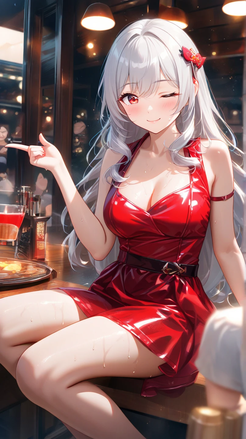 A beautiful woman is sitting and laughing, a beautiful woman with long gray hair, men and women are enjoying music and dancing at a bar, anime, heartwarming, medieval, bard, epic,