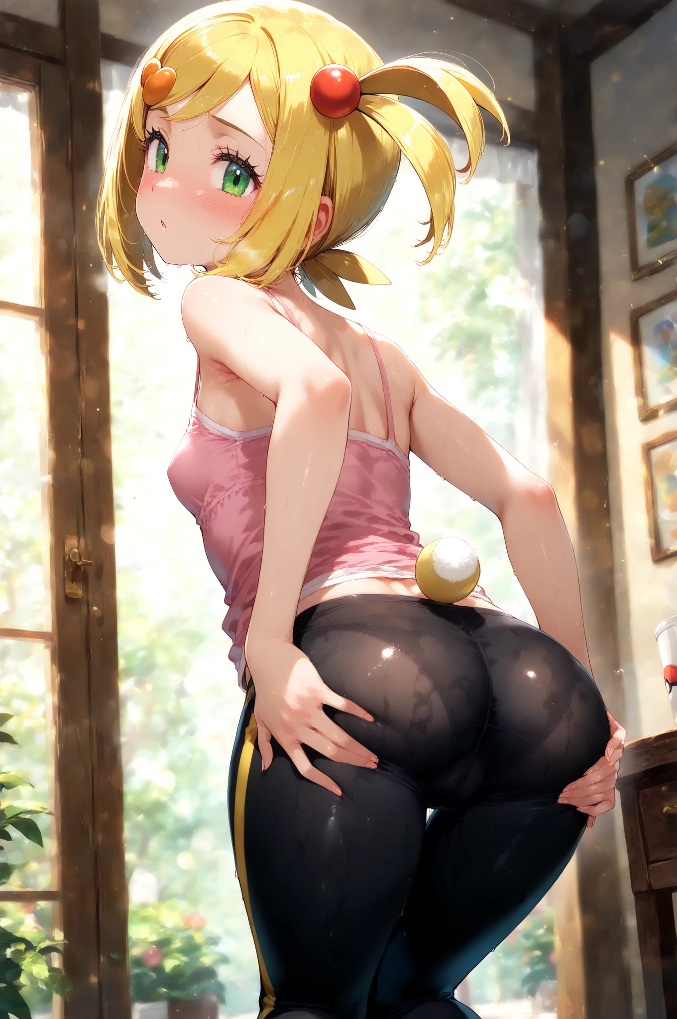 High quality, blonde on all fours looking at the viewer from behind, buttocks pushed out, white thong, white bra, white socks, flirtatious, alluring