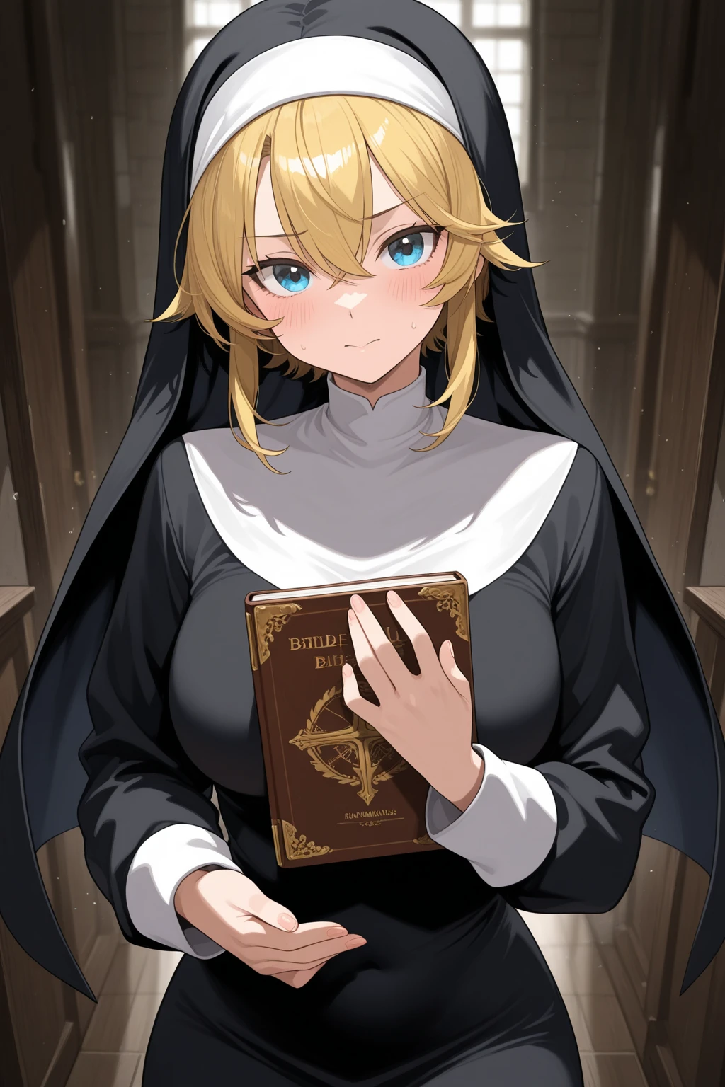 Nun, blond hair, blue cold eyes, eyes slightly open, nun costume, holding a Bible in her hands, large breasts, close up.
