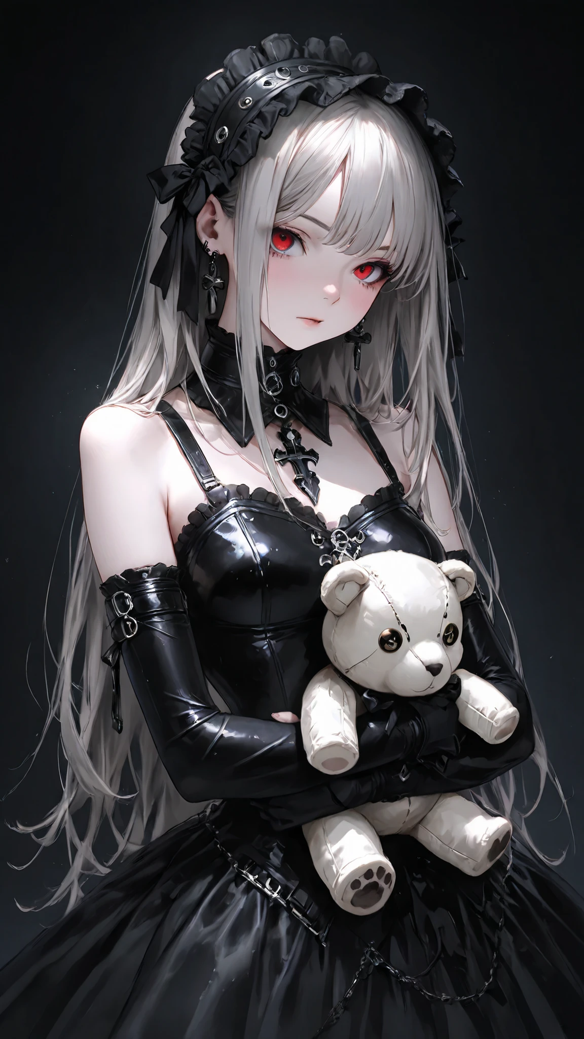 high res , masterpiece, anatomically, top quality, high res model, High Details, Anatomically anatomically, Norman Rockwell & Tim Burton style、Watercolor touch、 Edward Scissorhands、The black leather costume worn at the event、skinny, white-skinned man 、Alone, dark background 、 fantasy shot by Nikon Z7 II mirrorless camera、 horror、 darkness、Gothic、A girl is playing with a stuffed animal,