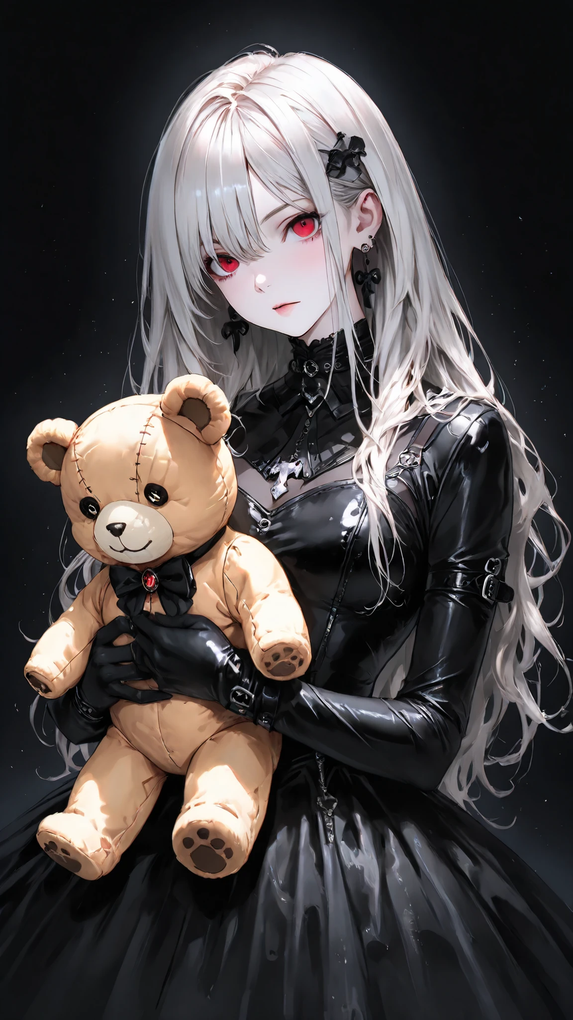 high res , masterpiece, anatomically, top quality, high res model, High Details, Anatomically anatomically, Norman Rockwell & Tim Burton style、Watercolor touch、 Edward Scissorhands、The black leather costume worn at the event、skinny, white-skinned man 、Alone, dark background 、 fantasy shot by Nikon Z7 II mirrorless camera、 horror、 darkness、Gothic、A girl is playing with a stuffed animal,