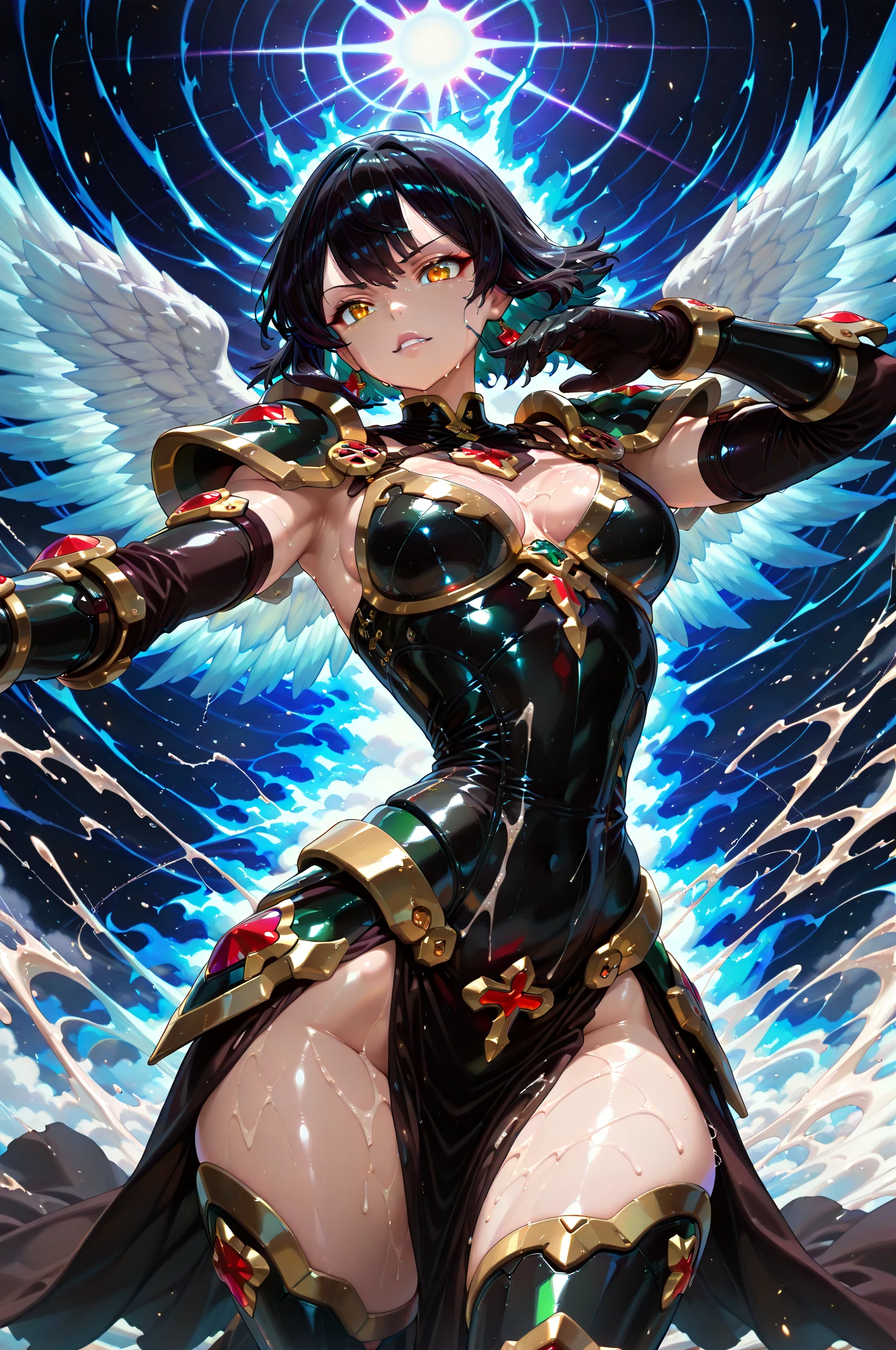 Highly detailed, Has angel wings, seductive woman , long blue hair , reddish brown eyes , Reptilian tail , Wearing a yellow ribbon in her hair