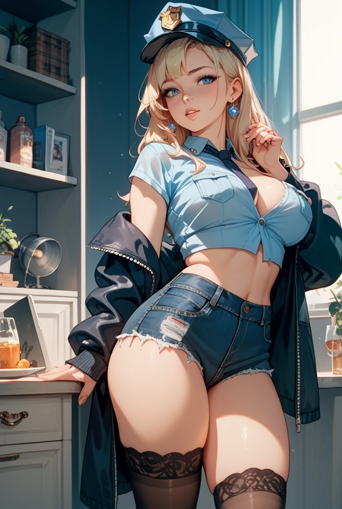 ultra sharp image, beautiful figure, beautiful, full length (full body 1.1.), slender legs, buttocks, slender legs, Wasp waist, erotica, sexy pose, Mouth open in a smile, sharp teeth, laughing, yellow eyes, ultra detailed face, Ultra transparent, Chainsaw Man Energy, Two red sharp horns on the head, ultra sharp image, very beautiful, long hair, blonde, beautiful figure, tight clothes, T-shirt with the image of a cat, denim shorts, shoes, Red crosses and circles instead of pupils, Beautiful body, sexy clothes, Beautiful eyes, very detailed eyes, Very detailed face, Beautiful body, Chereter Design, Very detailed, detailed body, detailed hands, detailed, bright, detailed Face, sharp focus, clap, Artgerm, anime art, bright, detailed Face, Hugh Details, sharp focus, Very downcast face, detailed eyes, Super lovely illustration, best shadow, finely detail, beautiful detail